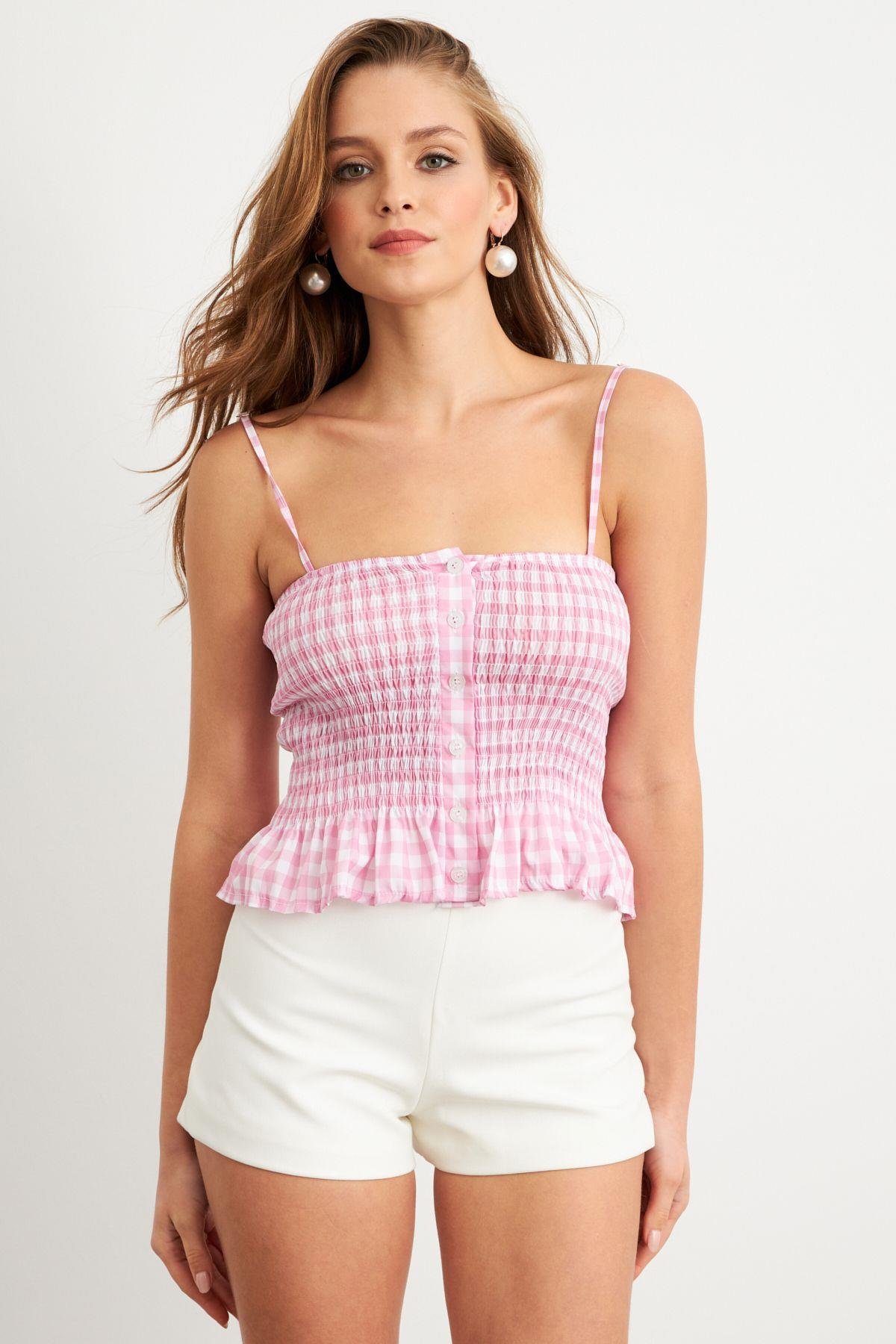 Kadın Mavi Ekose Lastikli Crop Bluz MTK13397