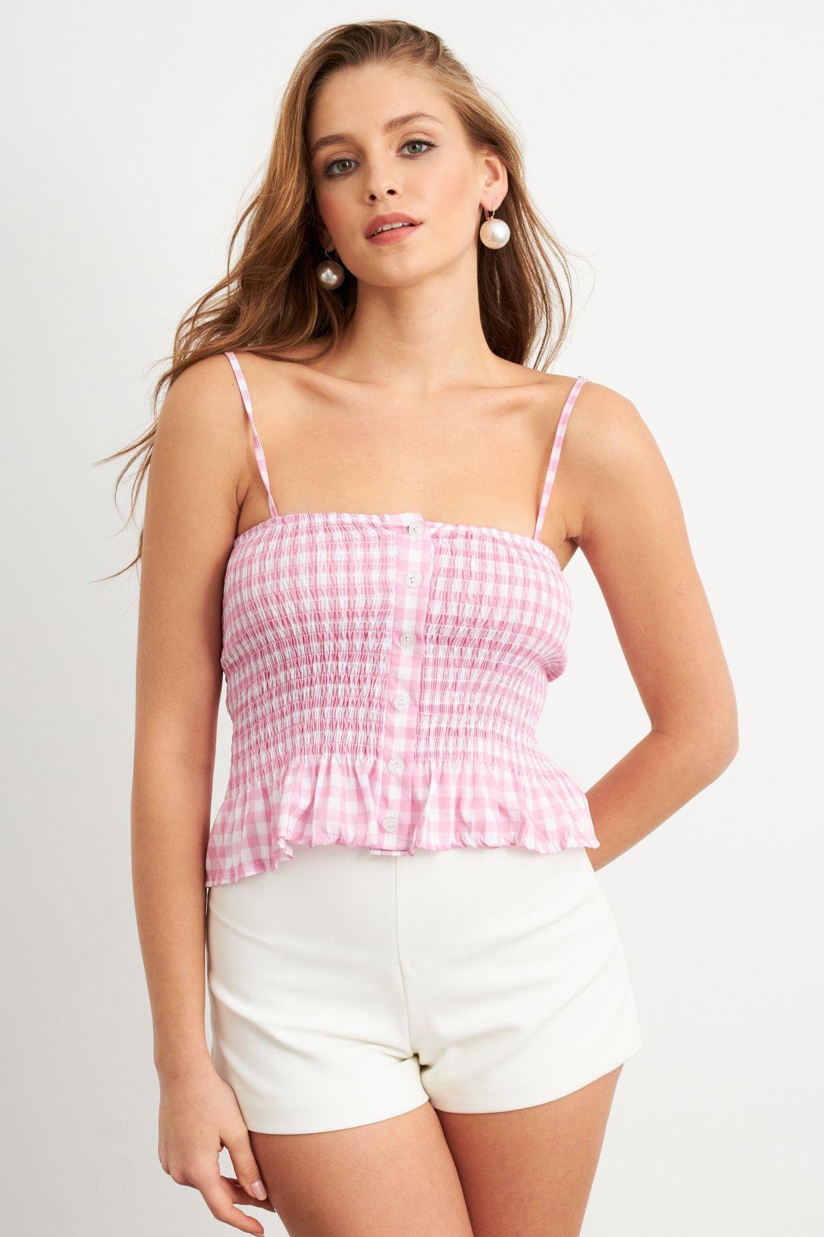 Kadın Mavi Ekose Lastikli Crop Bluz MTK13397