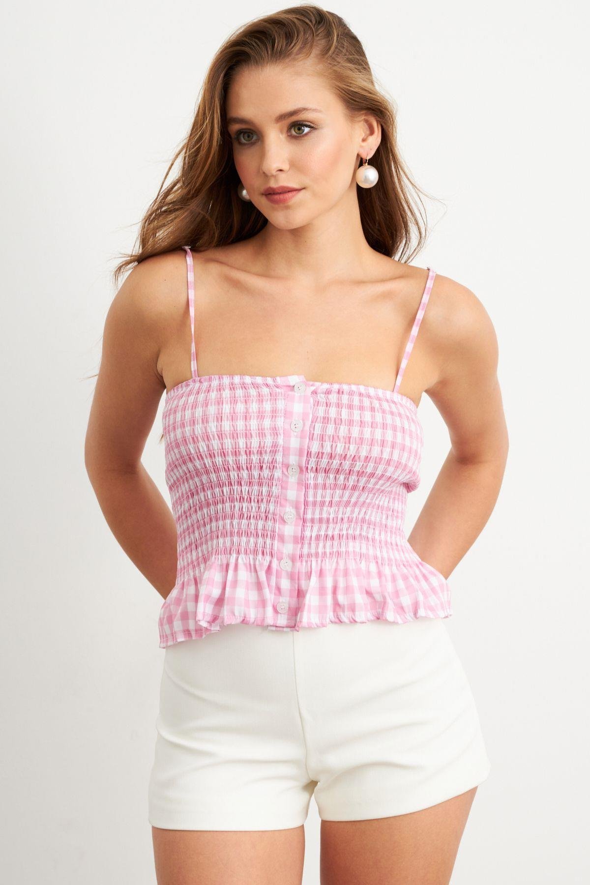 Kadın Mavi Ekose Lastikli Crop Bluz MTK13397