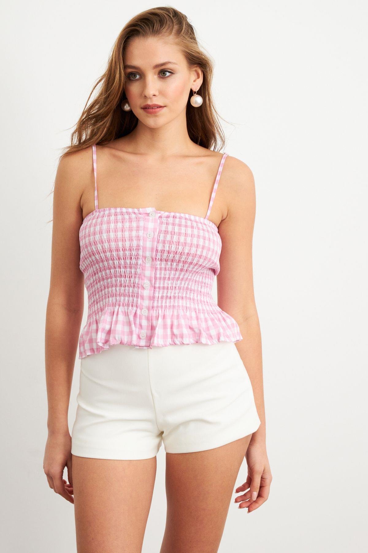 Kadın Mavi Ekose Lastikli Crop Bluz MTK13397