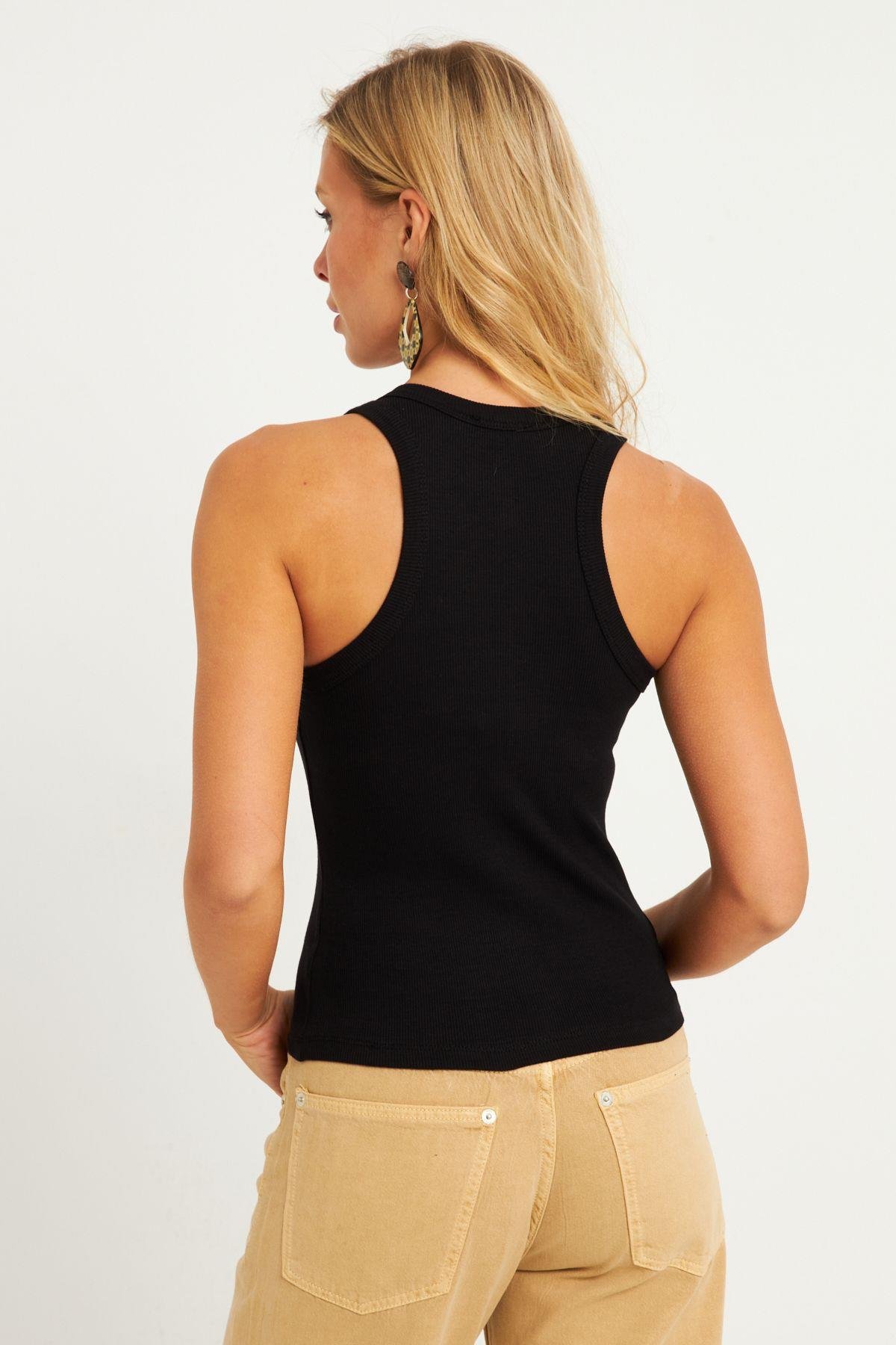 Kadın Mavi Halter Yaka Fitilli Bluz MK11