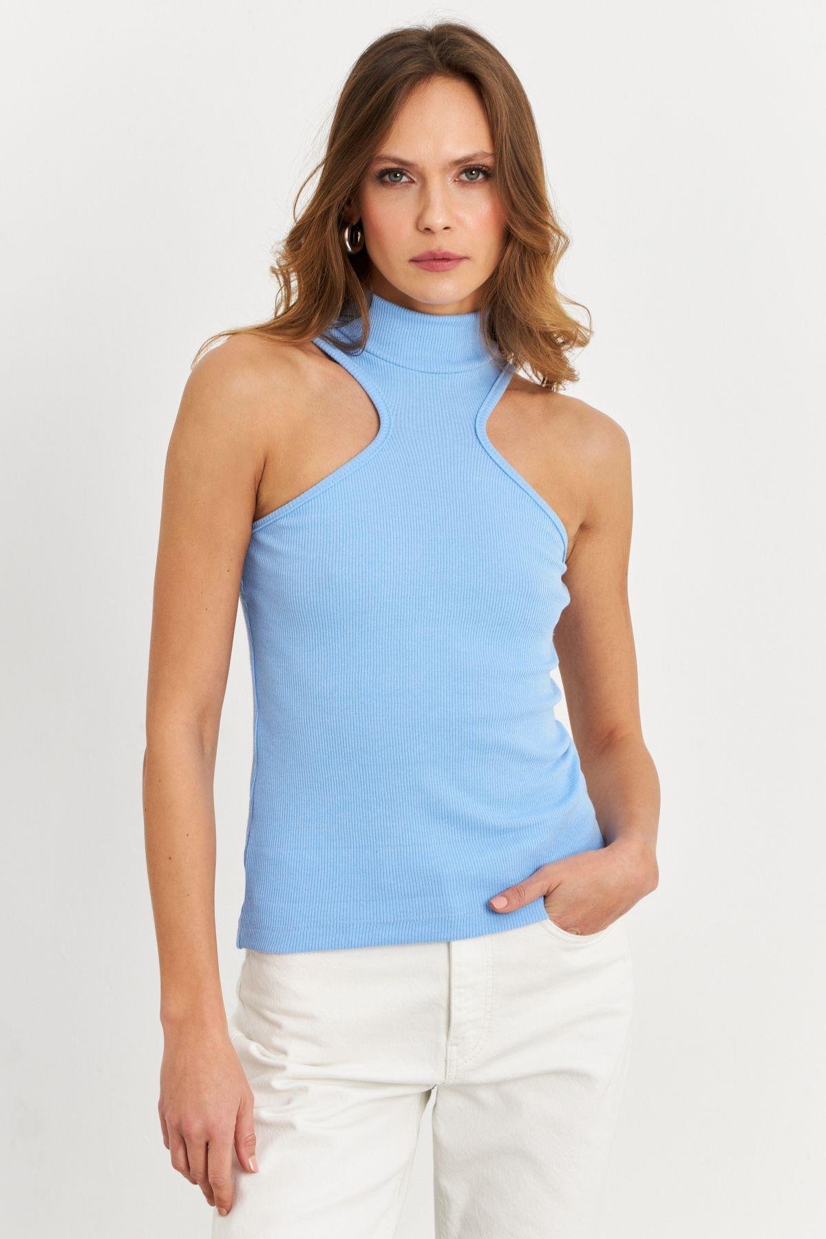 Kadın Mavi Halter Yaka Kaşkorse Bluz EY1454