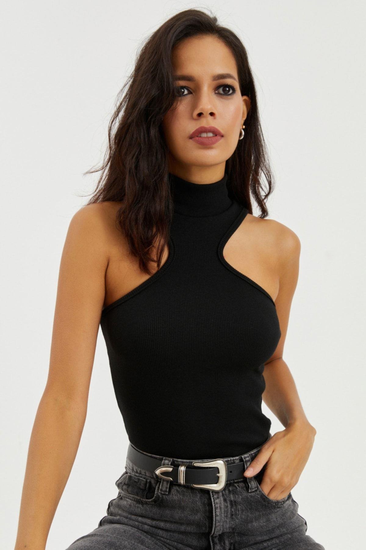 Kadın Mavi Halter Yaka Kaşkorse Bluz EY1454