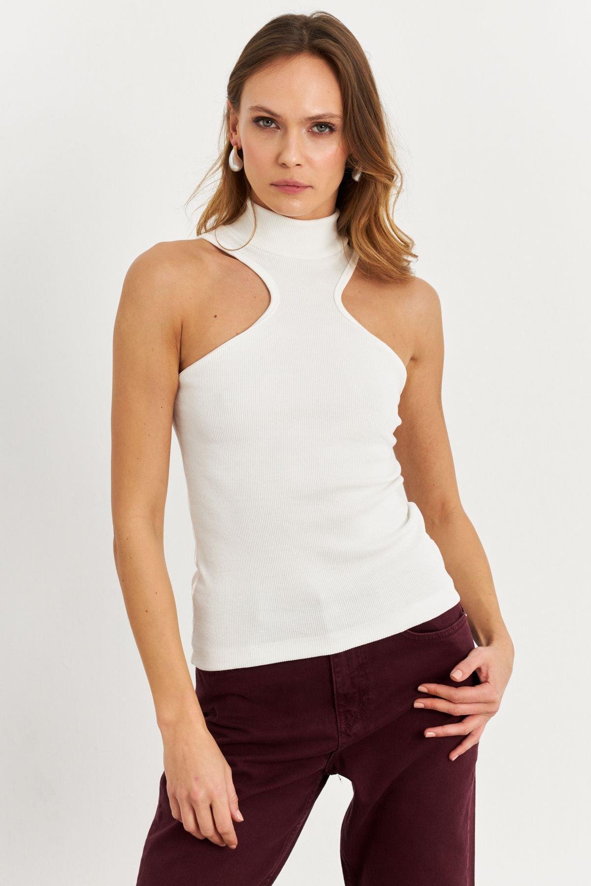 Kadın Mavi Halter Yaka Kaşkorse Bluz EY1454