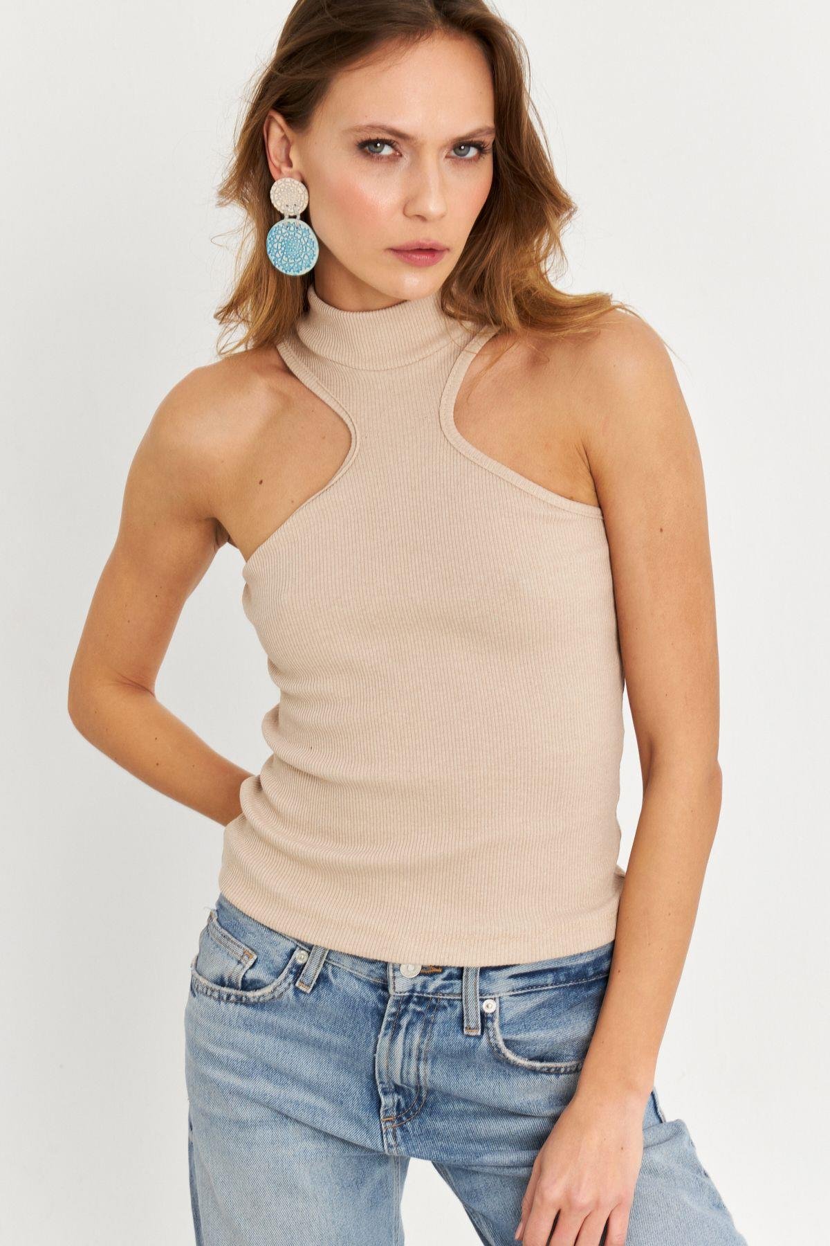 Kadın Mavi Halter Yaka Kaşkorse Bluz EY1454