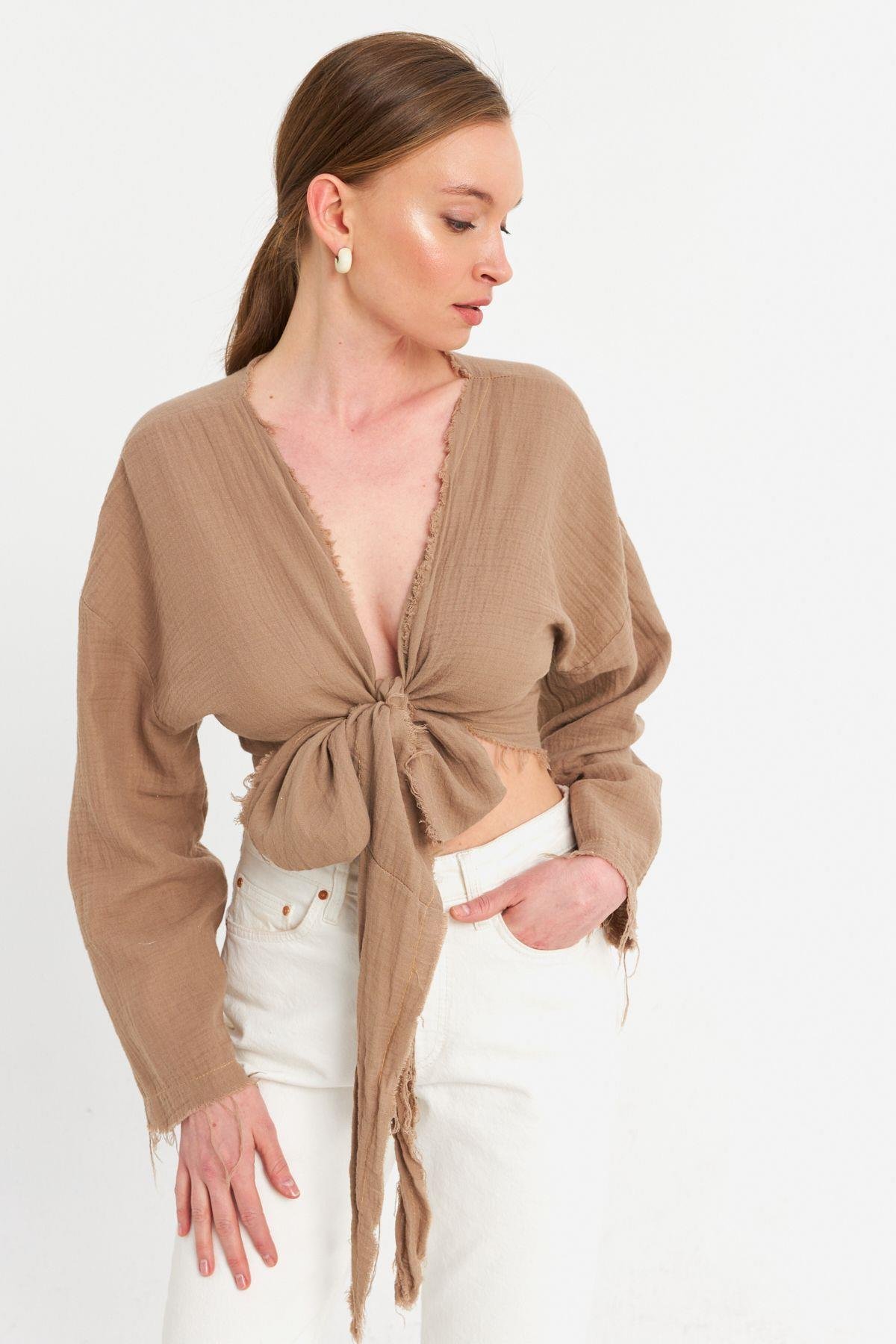 Kadın Mavi Müslin Crop Bluz PC20700