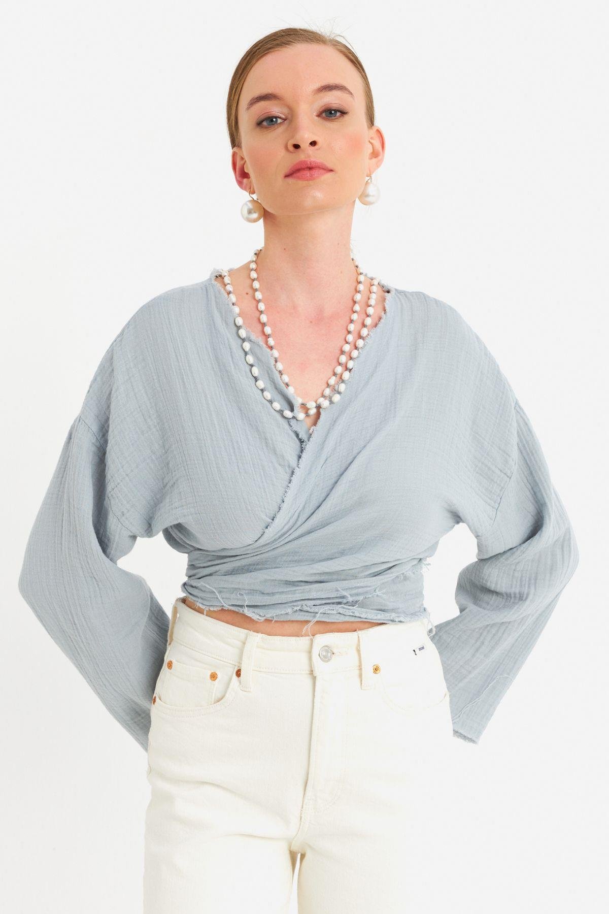 Kadın Mavi Müslin Crop Bluz PC20700