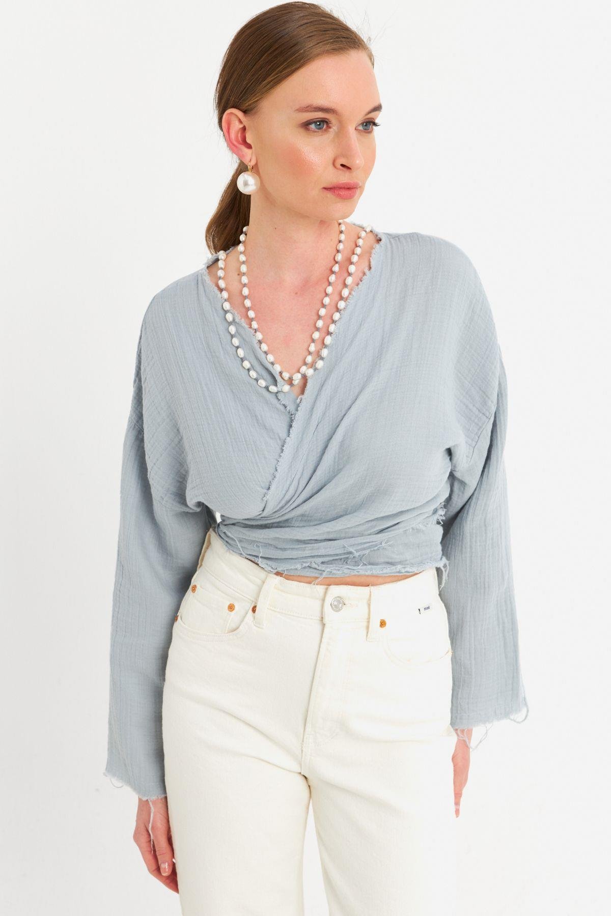 Kadın Mavi Müslin Crop Bluz PC20700