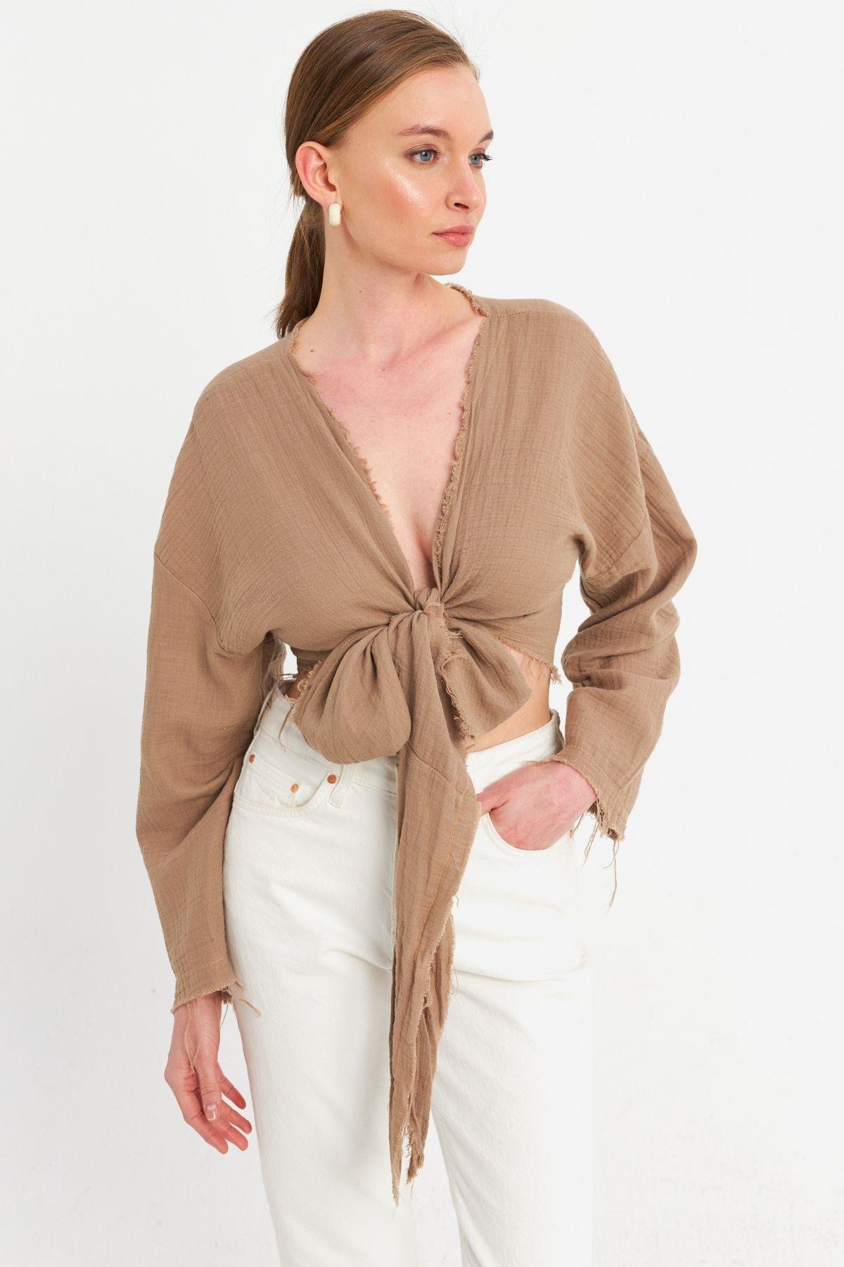 Kadın Mavi Müslin Crop Bluz PC20700
