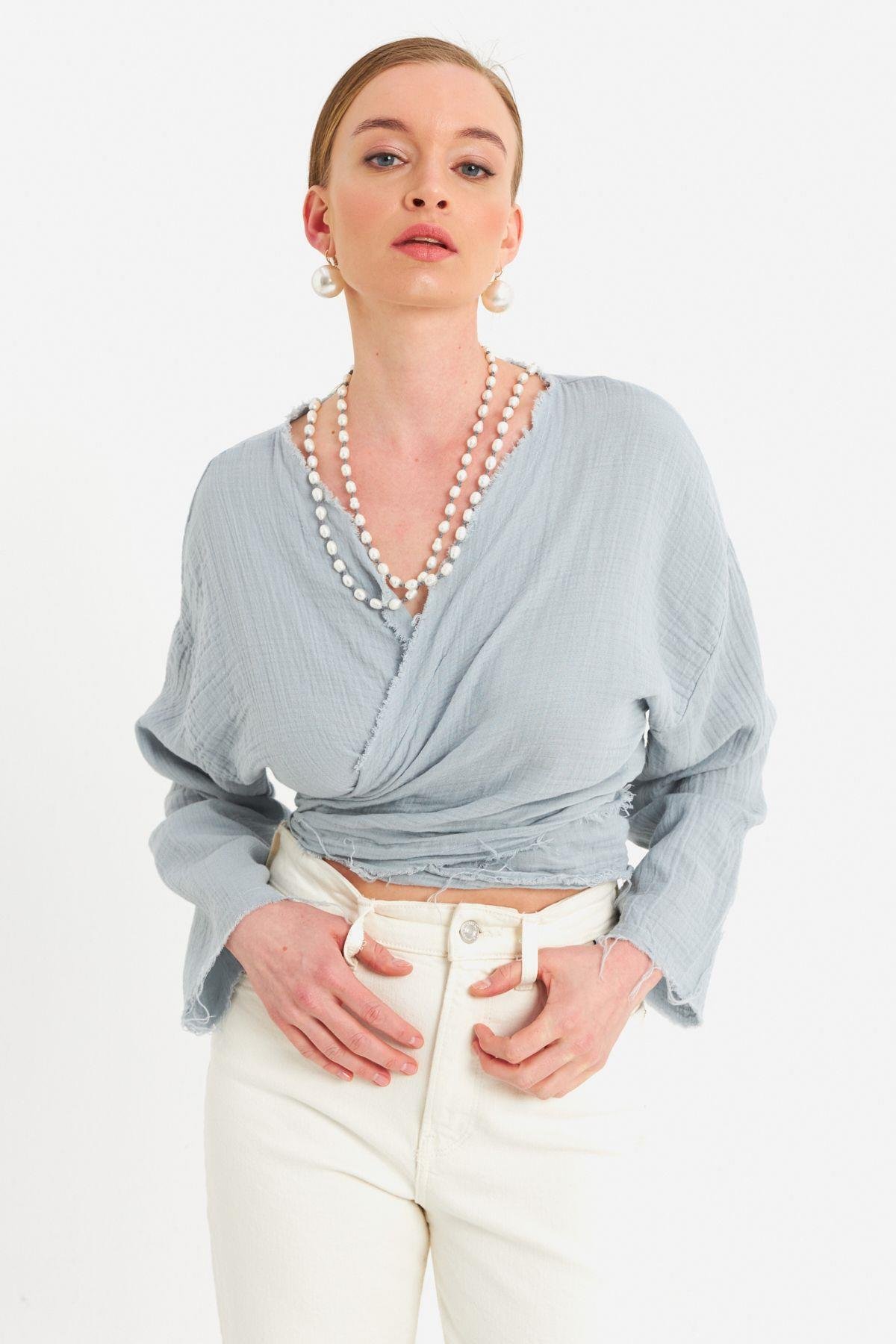 Kadın Mavi Müslin Crop Bluz PC20700