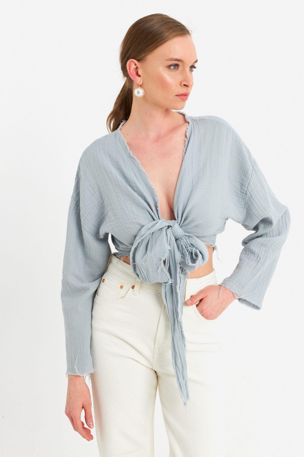 Kadın Mavi Müslin Crop Bluz PC20700