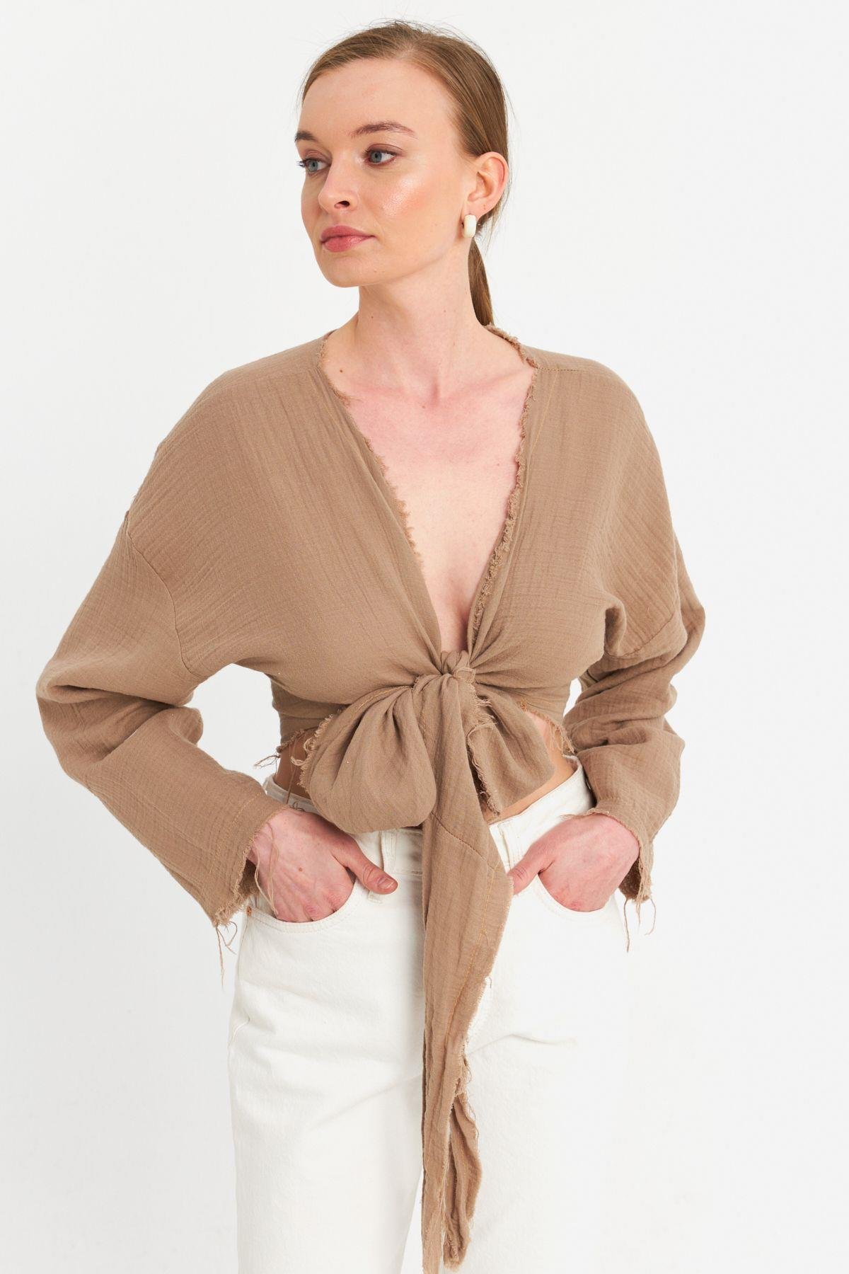 Kadın Mavi Müslin Crop Bluz PC20700