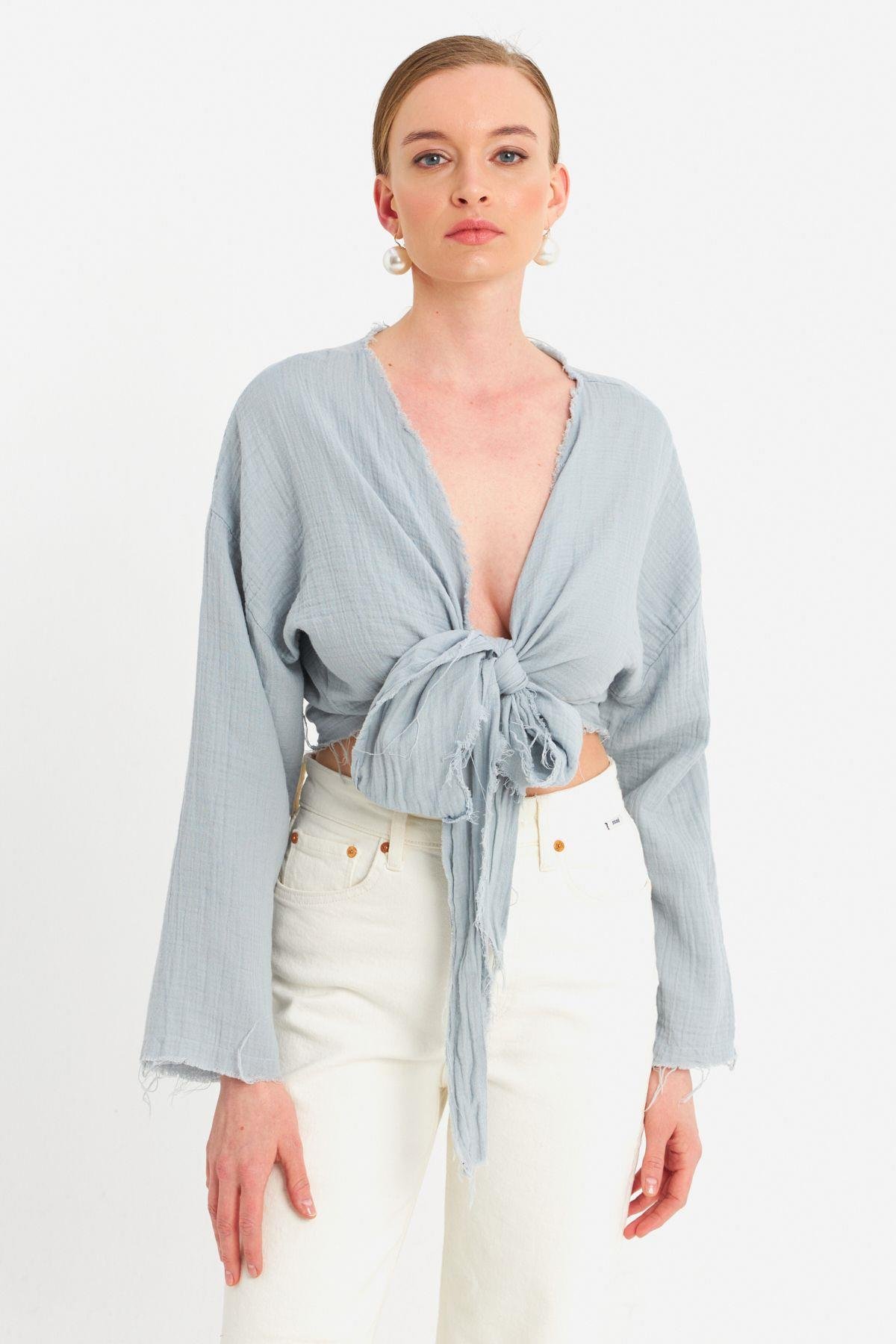Kadın Mavi Müslin Crop Bluz PC20700