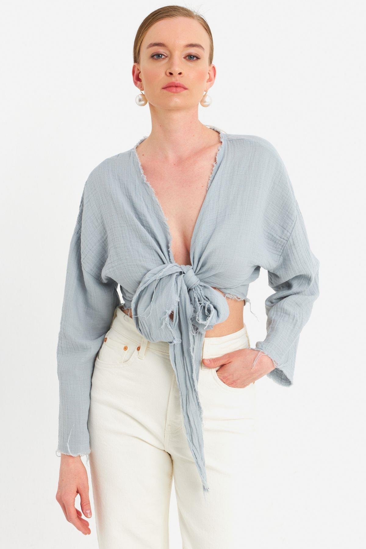 Kadın Mavi Müslin Crop Bluz PC20700