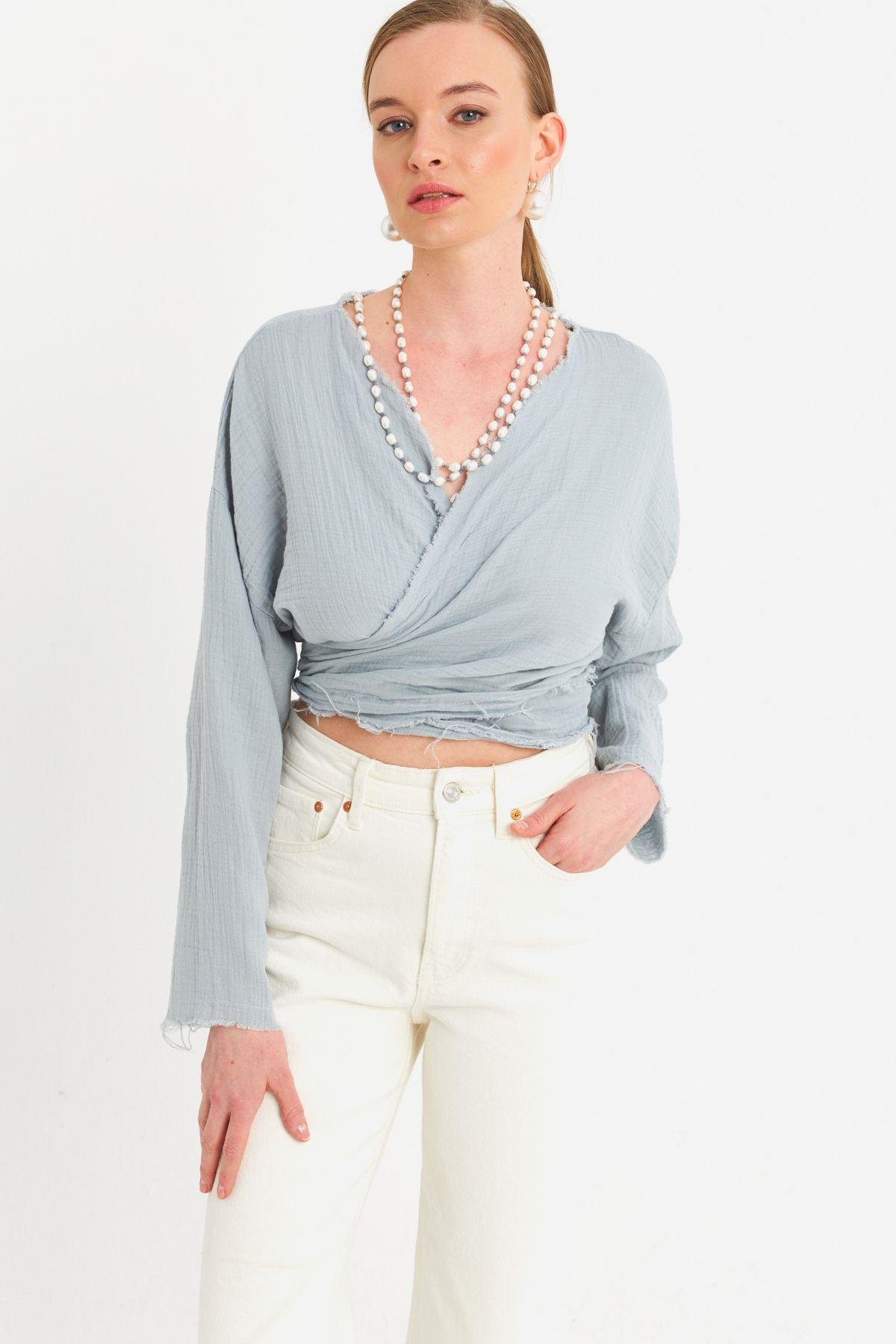 Kadın Mavi Müslin Crop Bluz PC20700