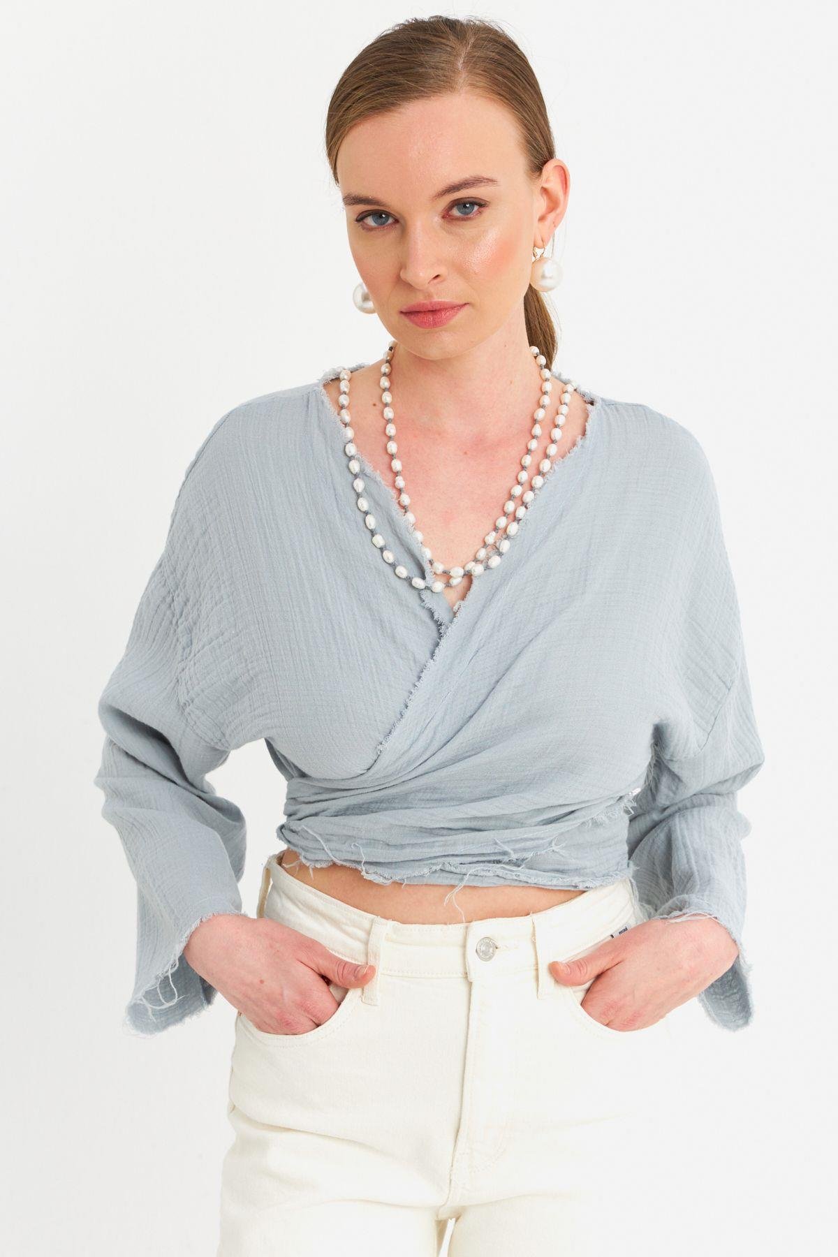 Kadın Mavi Müslin Crop Bluz PC20700