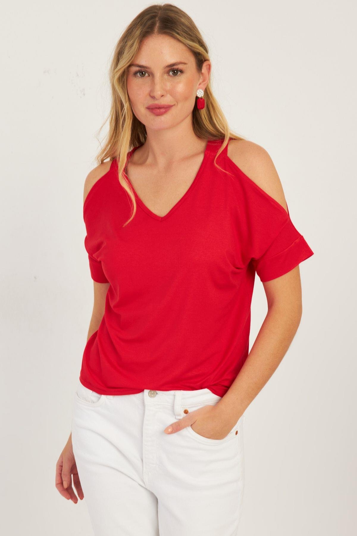 Kadın Mavi Omuzları Açık Bluz BR1329