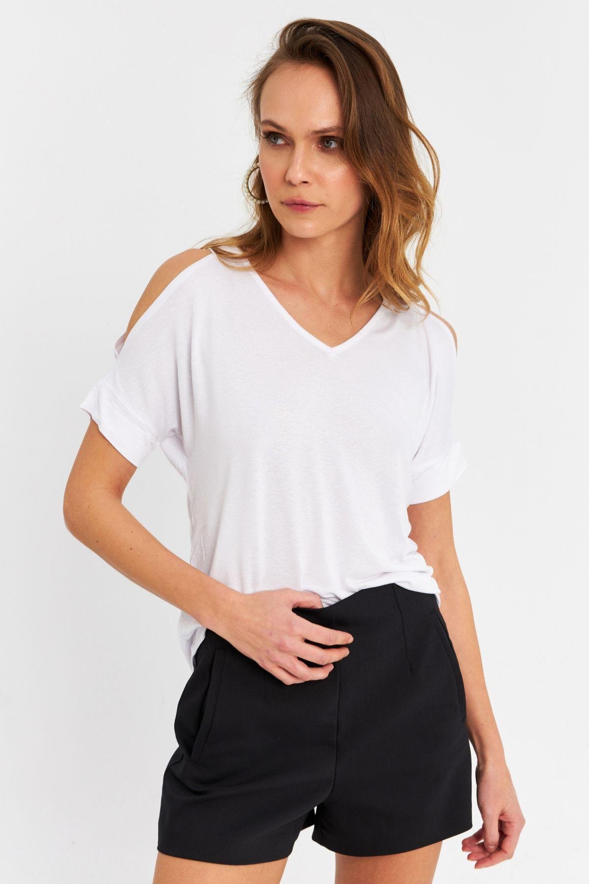 Kadın Mavi Omuzları Açık Bluz BR1329