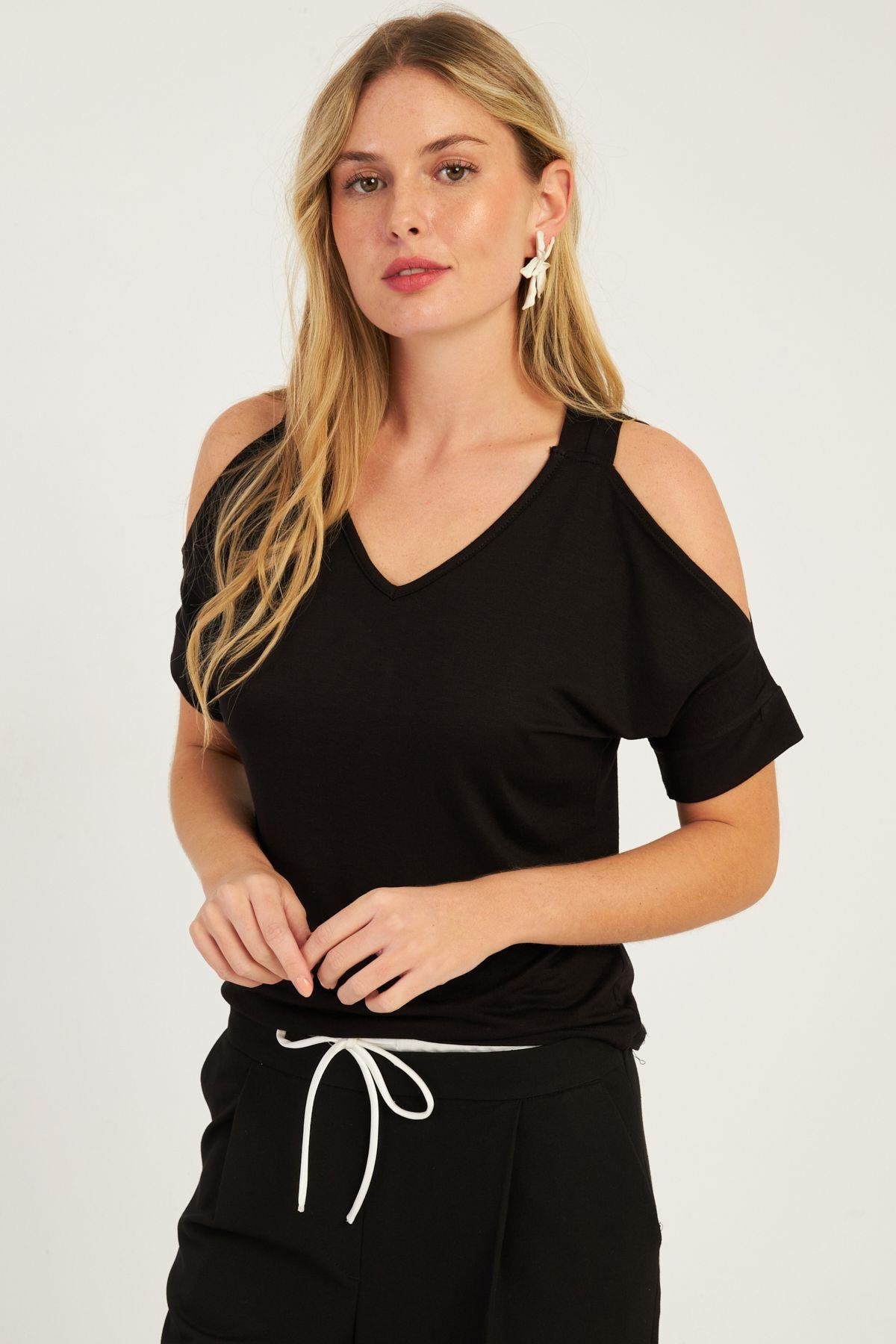 Kadın Mavi Omuzları Açık Bluz BR1329