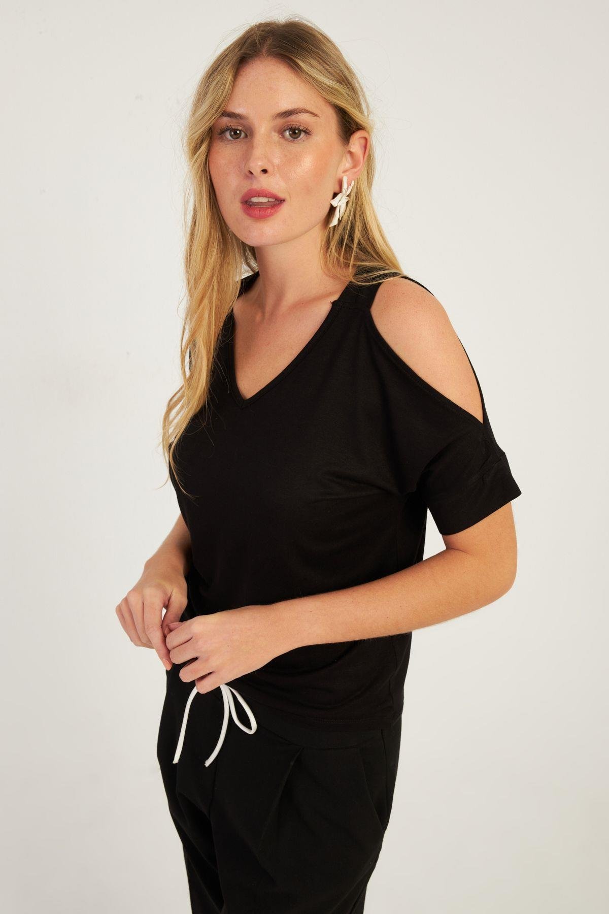 Kadın Mavi Omuzları Açık Bluz BR1329
