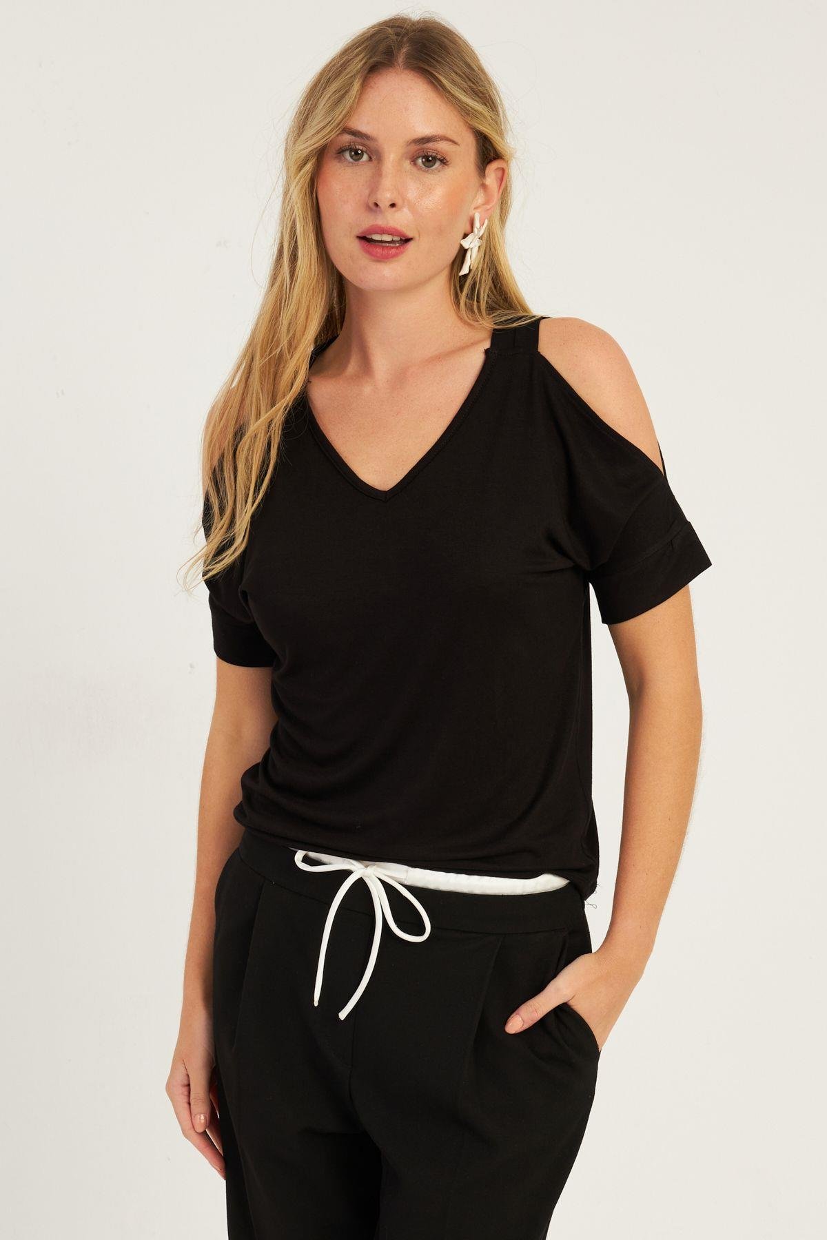 Kadın Mavi Omuzları Açık Bluz BR1329