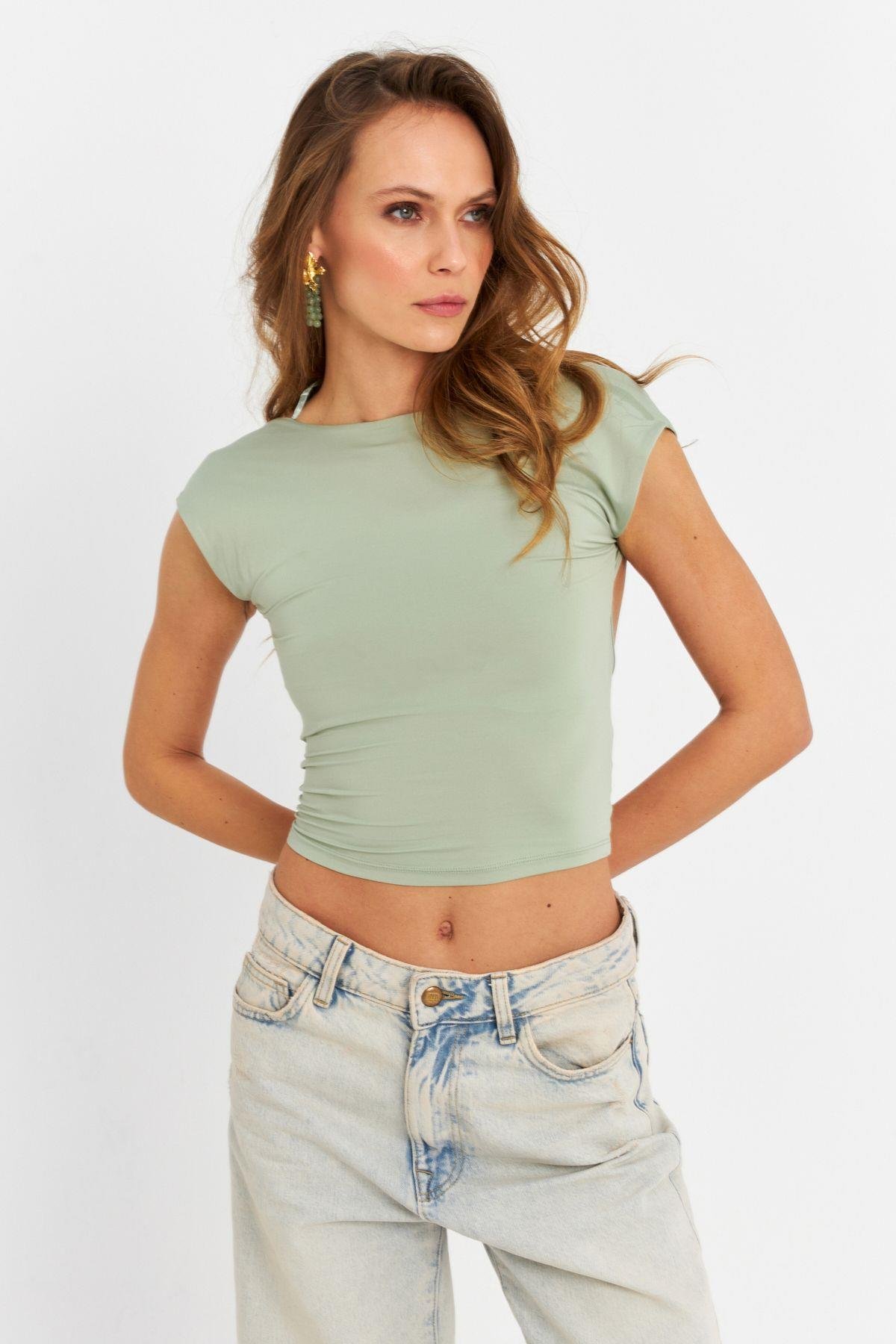Kadın Mavi Sırtı Açık Crop Bluz ZH083