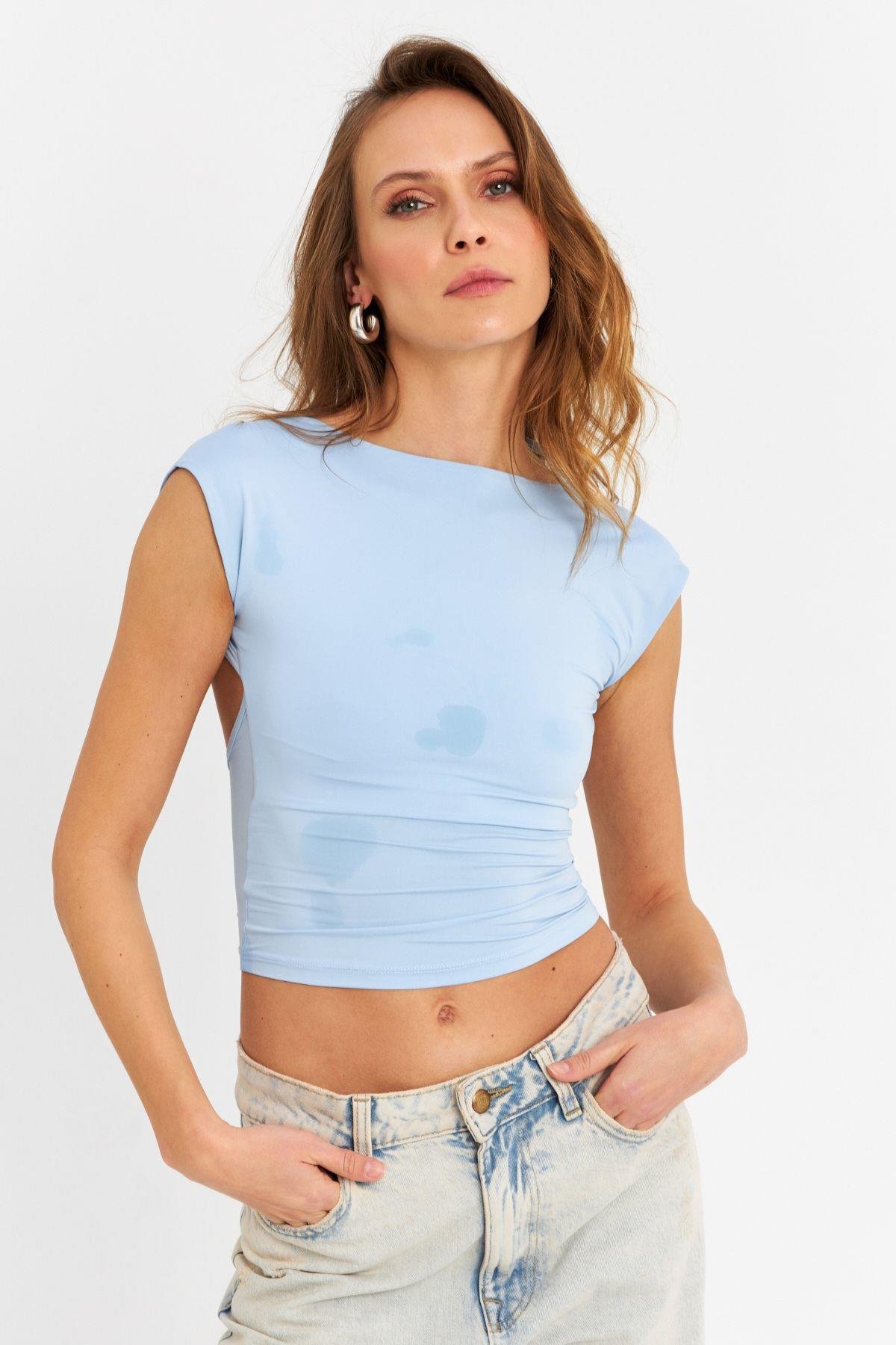 Kadın Mavi Sırtı Açık Crop Bluz ZH083
