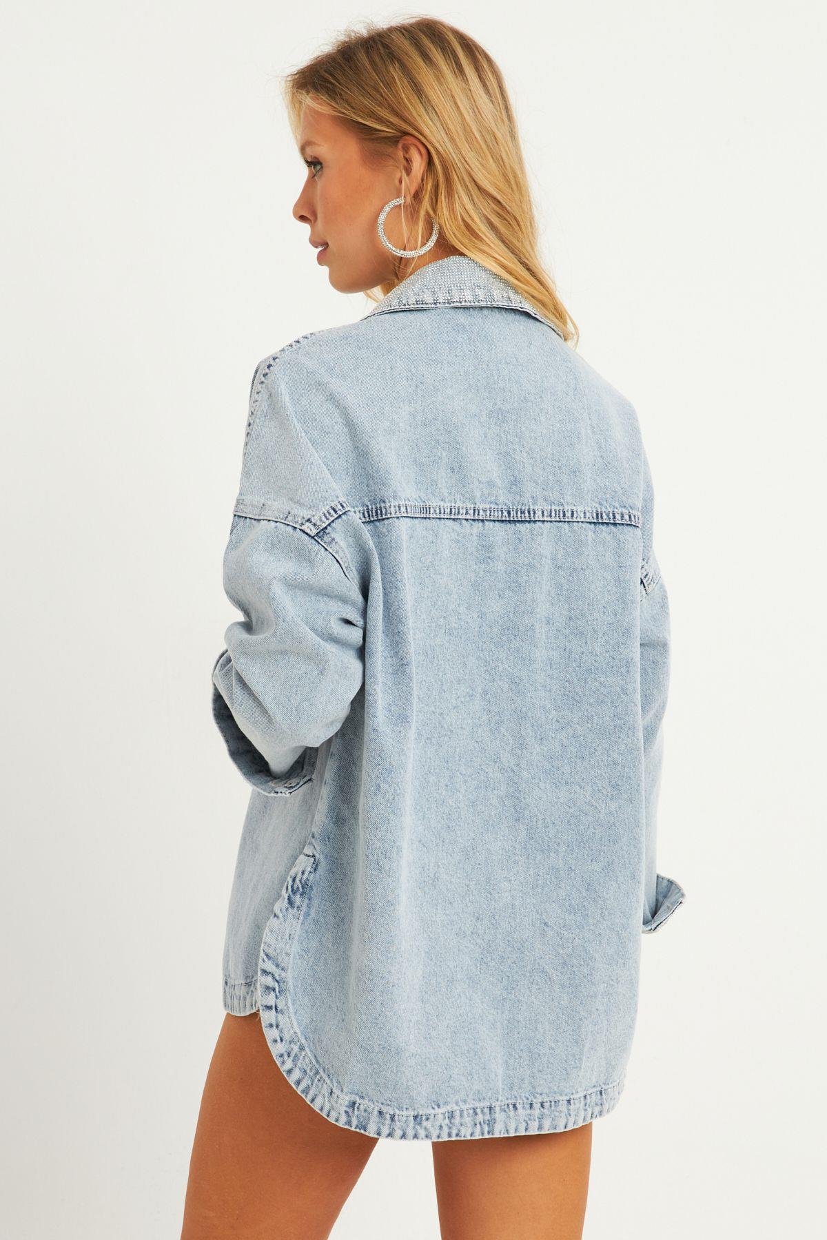 Kadın Mavi Taşlı Denim Ceket İS249