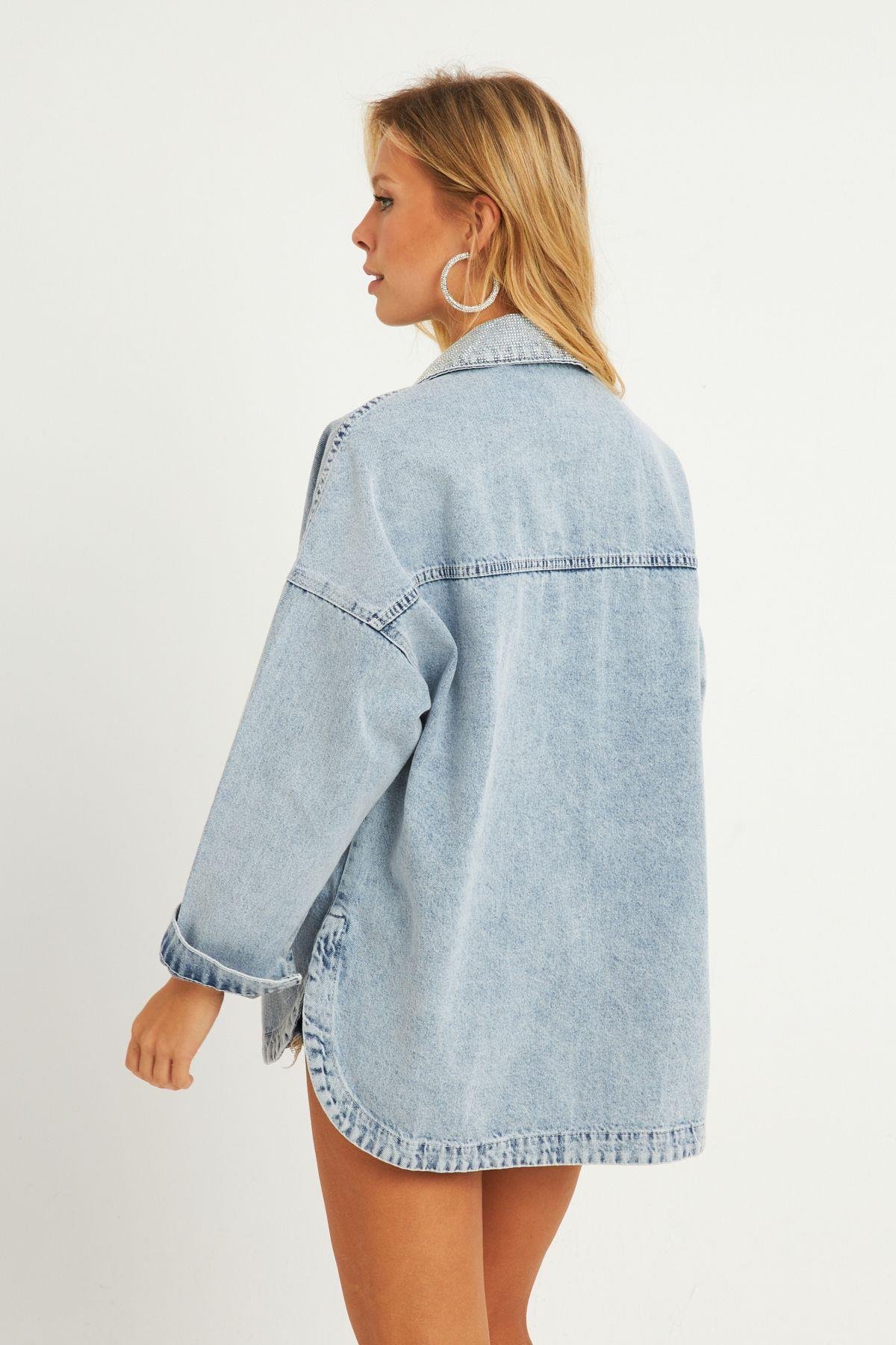 Kadın Mavi Taşlı Denim Ceket İS249