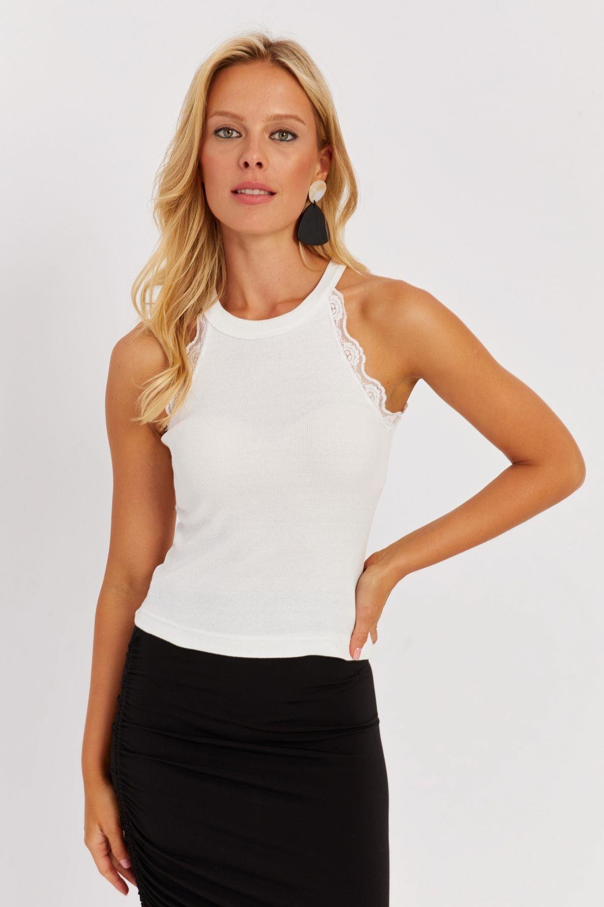 Kadın Mint-Beyaz Halter Yaka Dantelli Bluz MK08