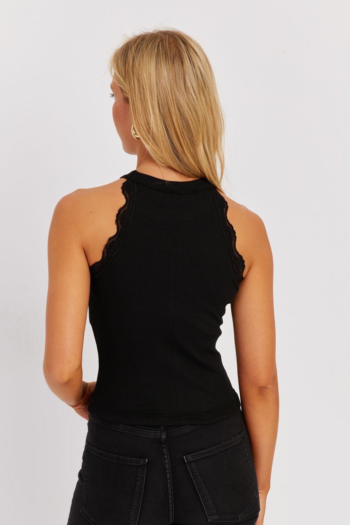 Kadın Mint-Beyaz Halter Yaka Dantelli Bluz MK08