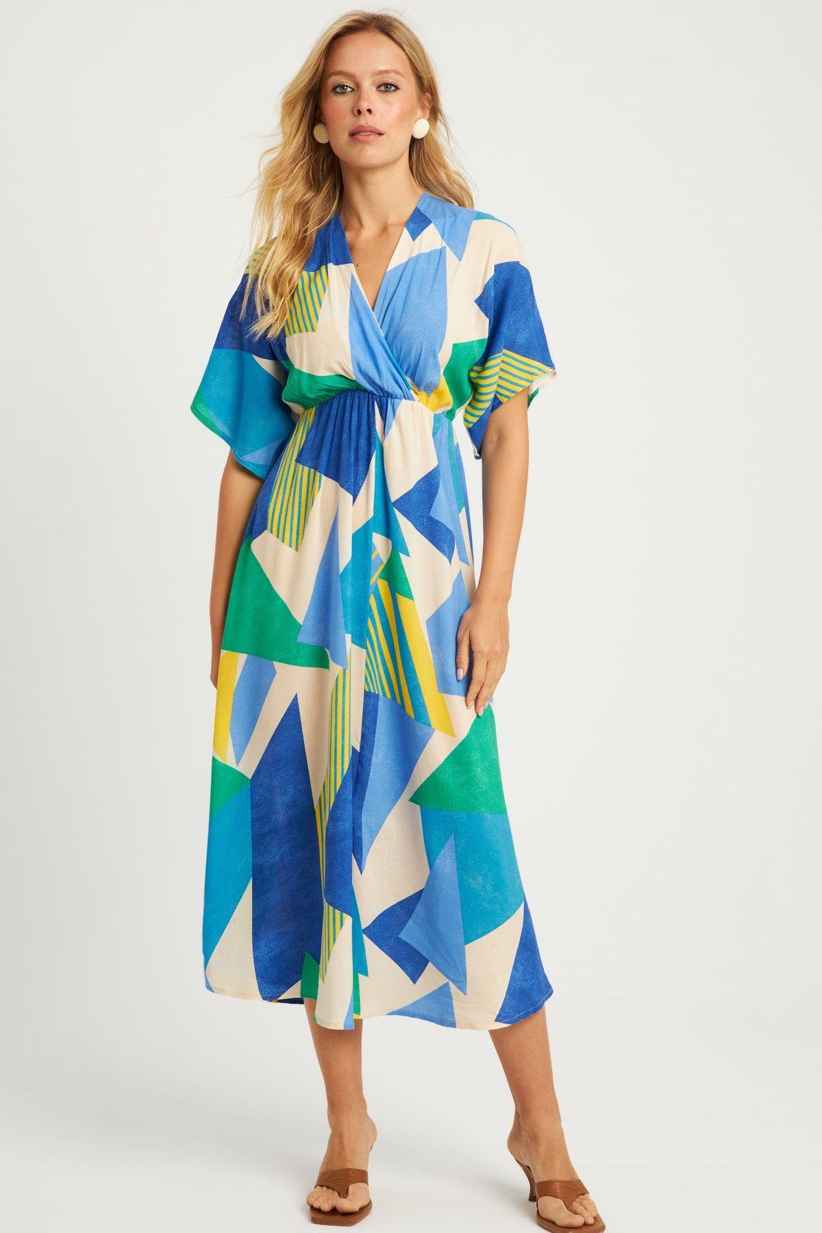 Kadın Multi Desenli Kruvaze Midi Elbise HT108