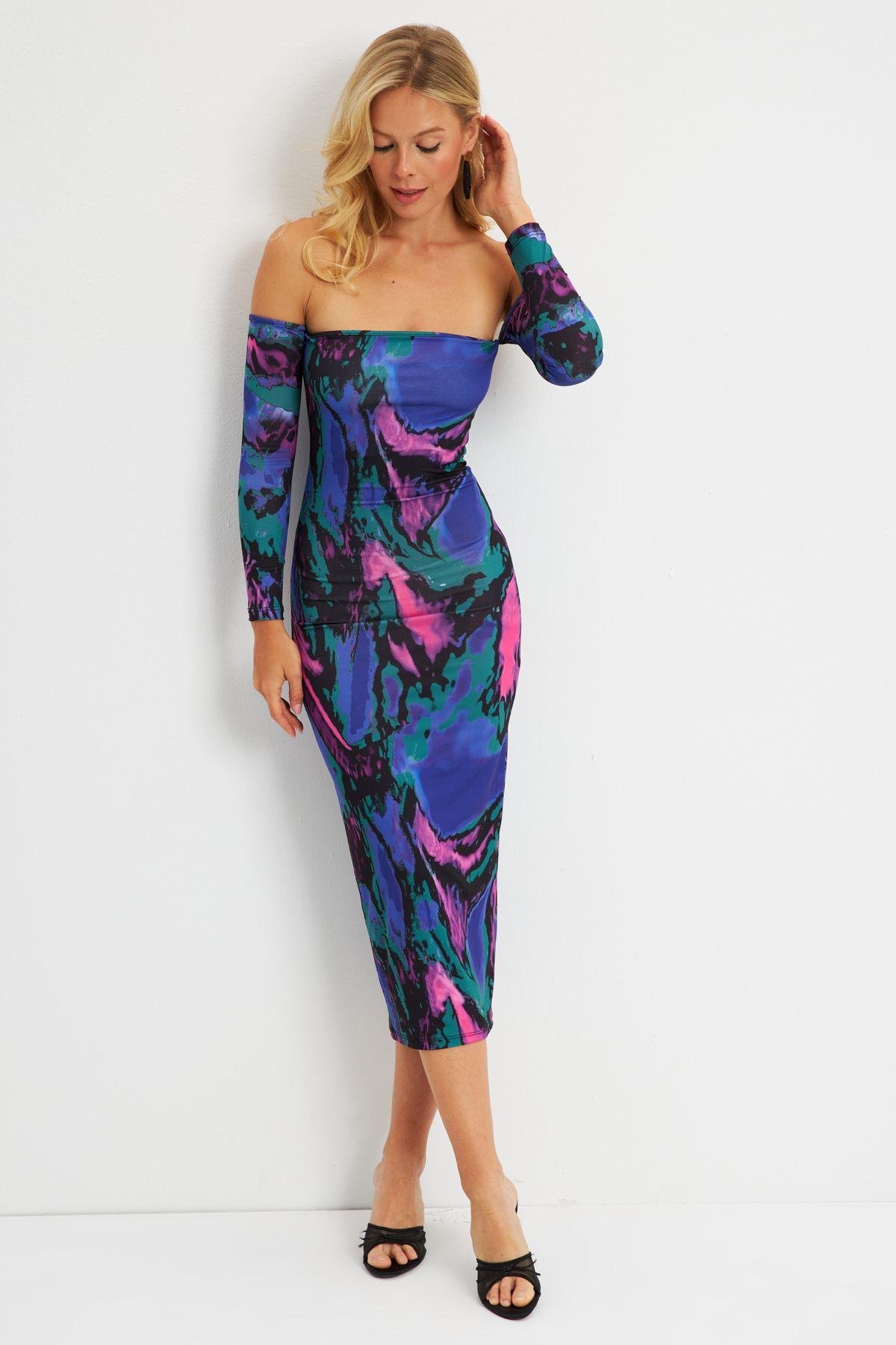 Kadın Multi Madonna Yaka Desenli Midi Elbise DMR278