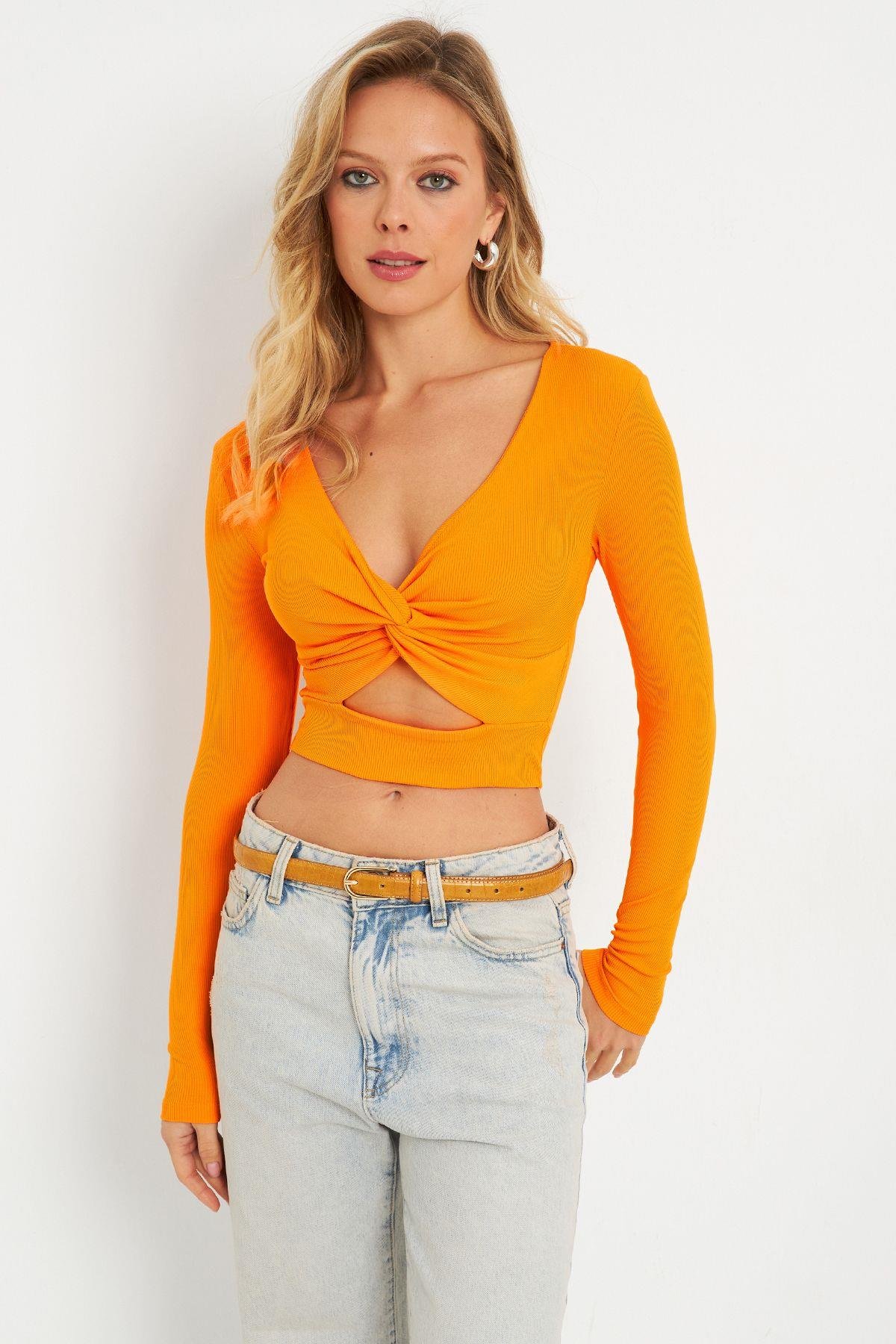 Kadın Önü Düğümlü Crop Bluz Turuncu AYD287