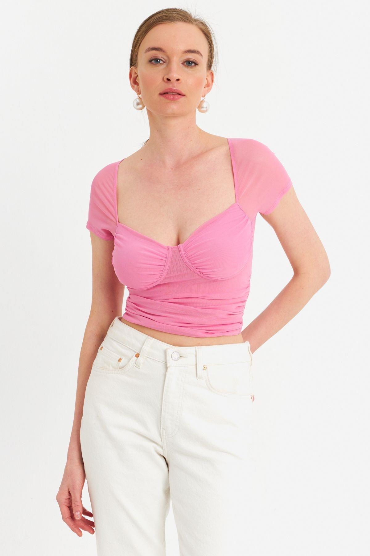 Kadın Pembe Büzgülü Tül Crop Bluz TPG04