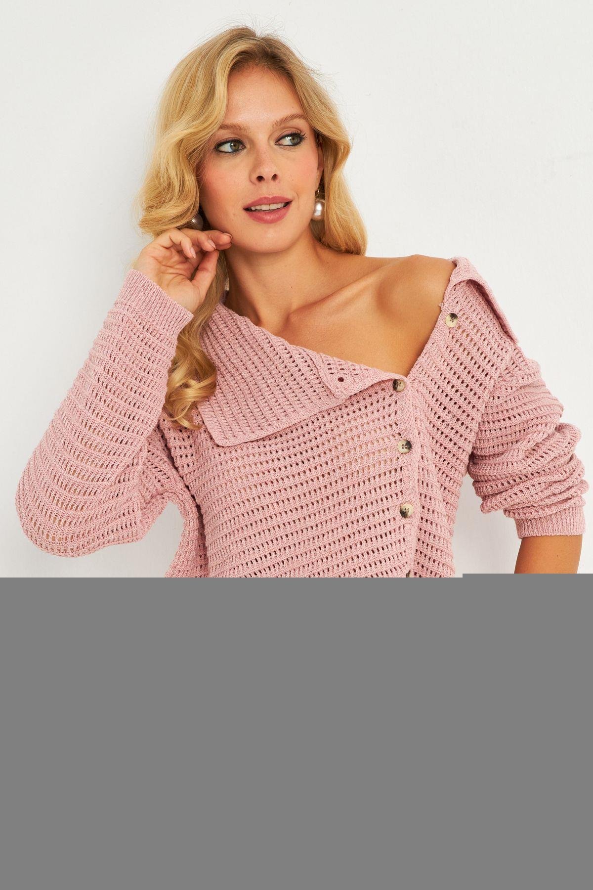 Kadın Pembe Geniş Yakalı Triko Hırka MİW4571