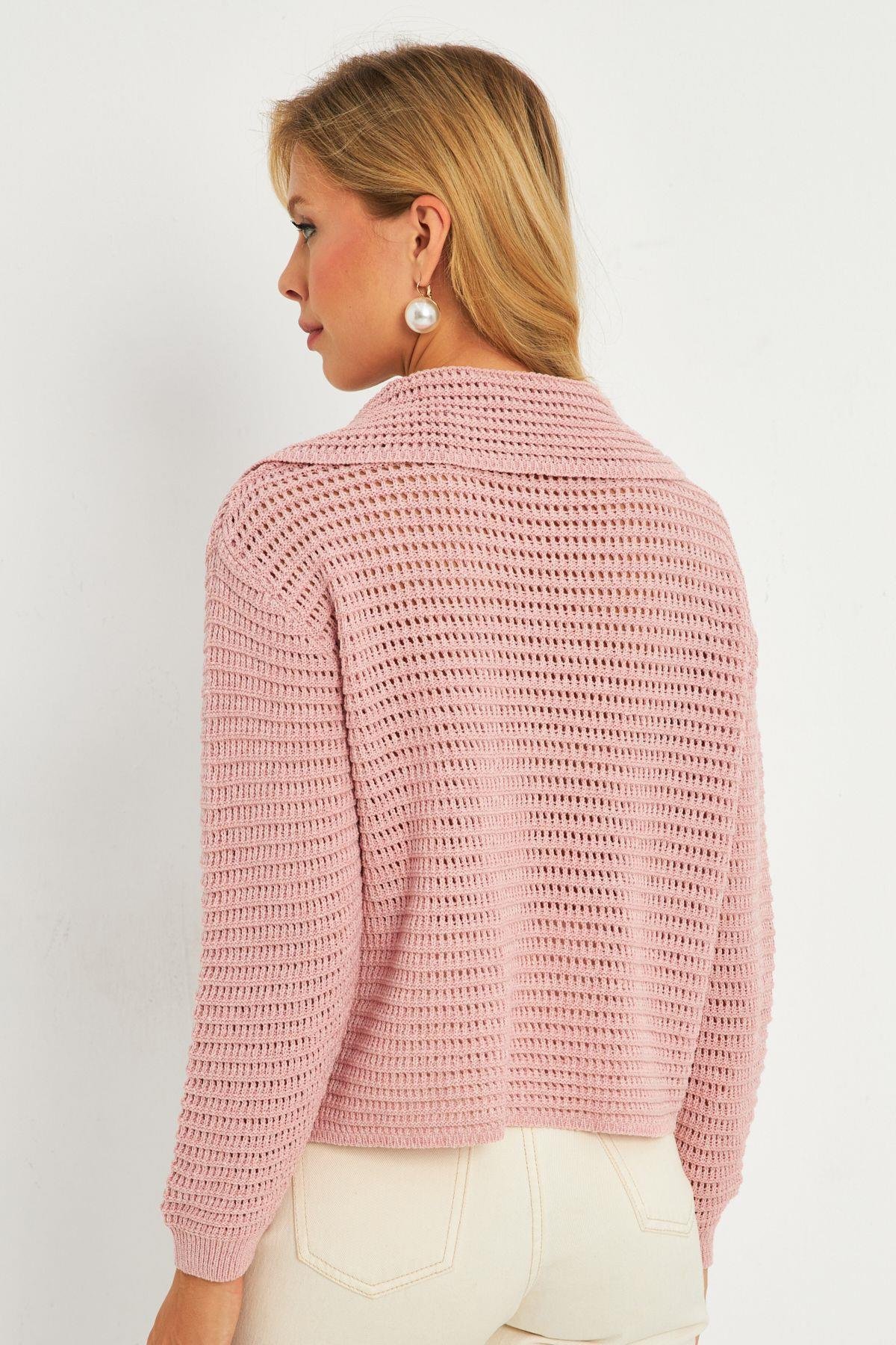 Kadın Pembe Geniş Yakalı Triko Hırka MİW4571