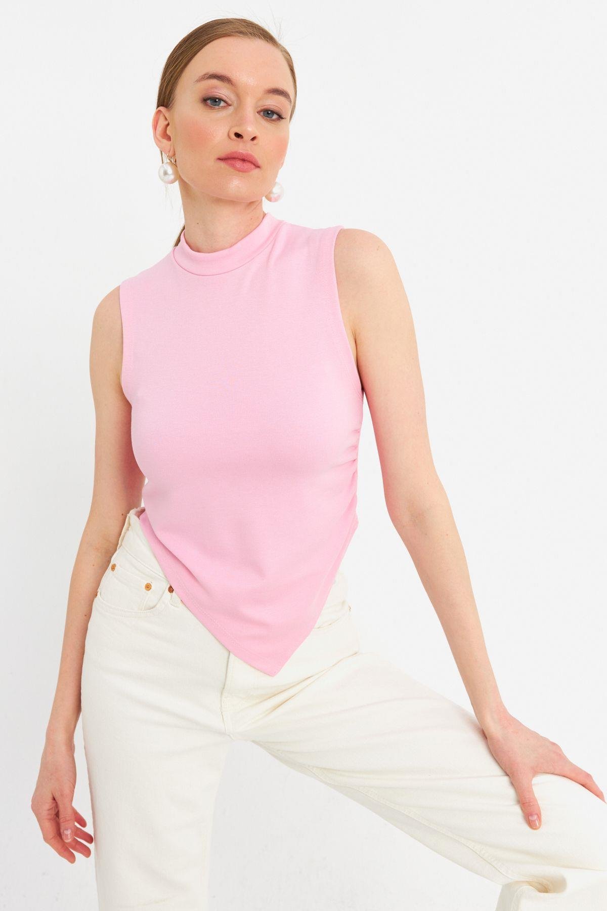 Kadın Pembe Kolsuz Crop Bluz ZH07