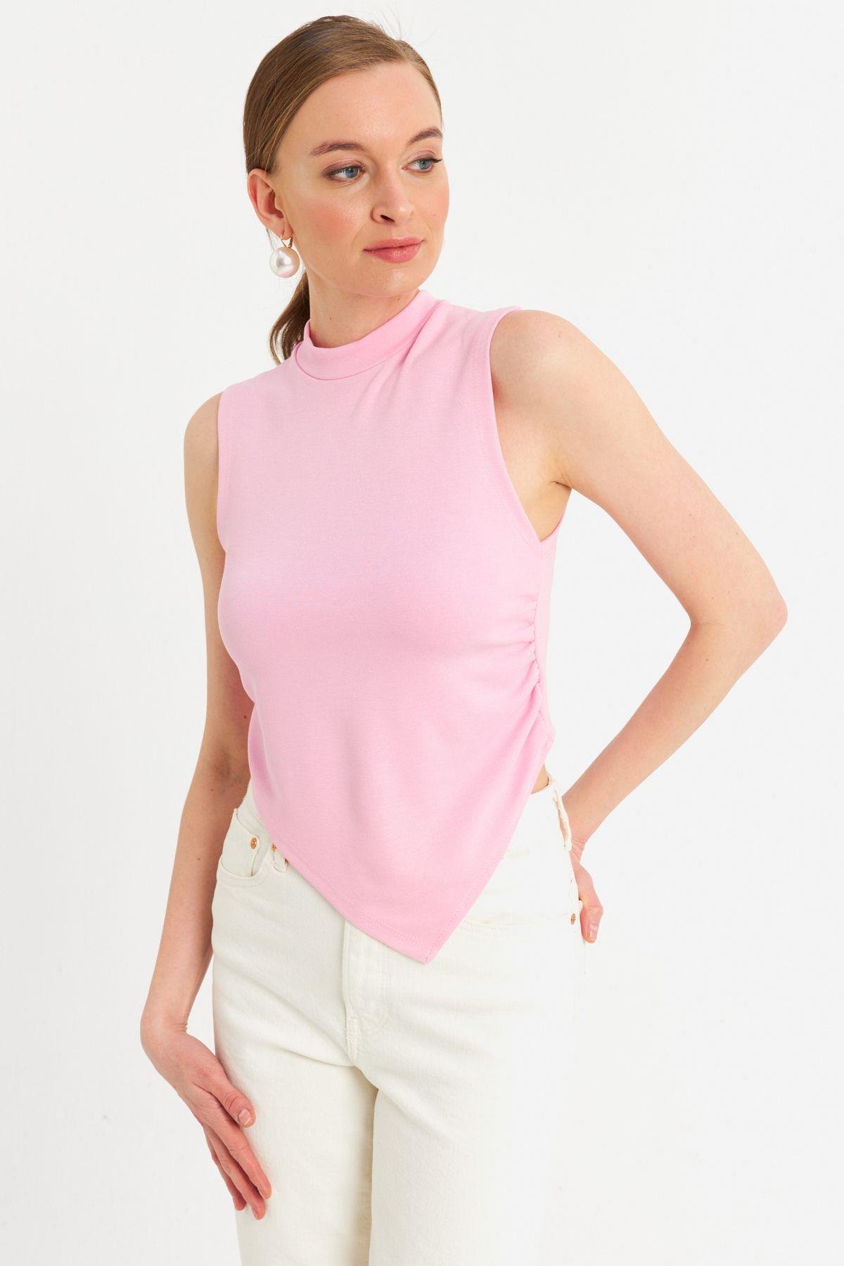 Kadın Pembe Kolsuz Crop Bluz ZH07