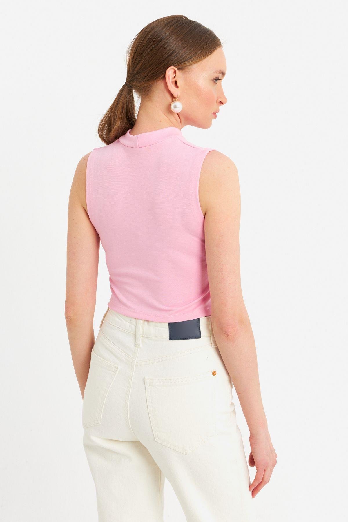 Kadın Pembe Kolsuz Crop Bluz ZH07