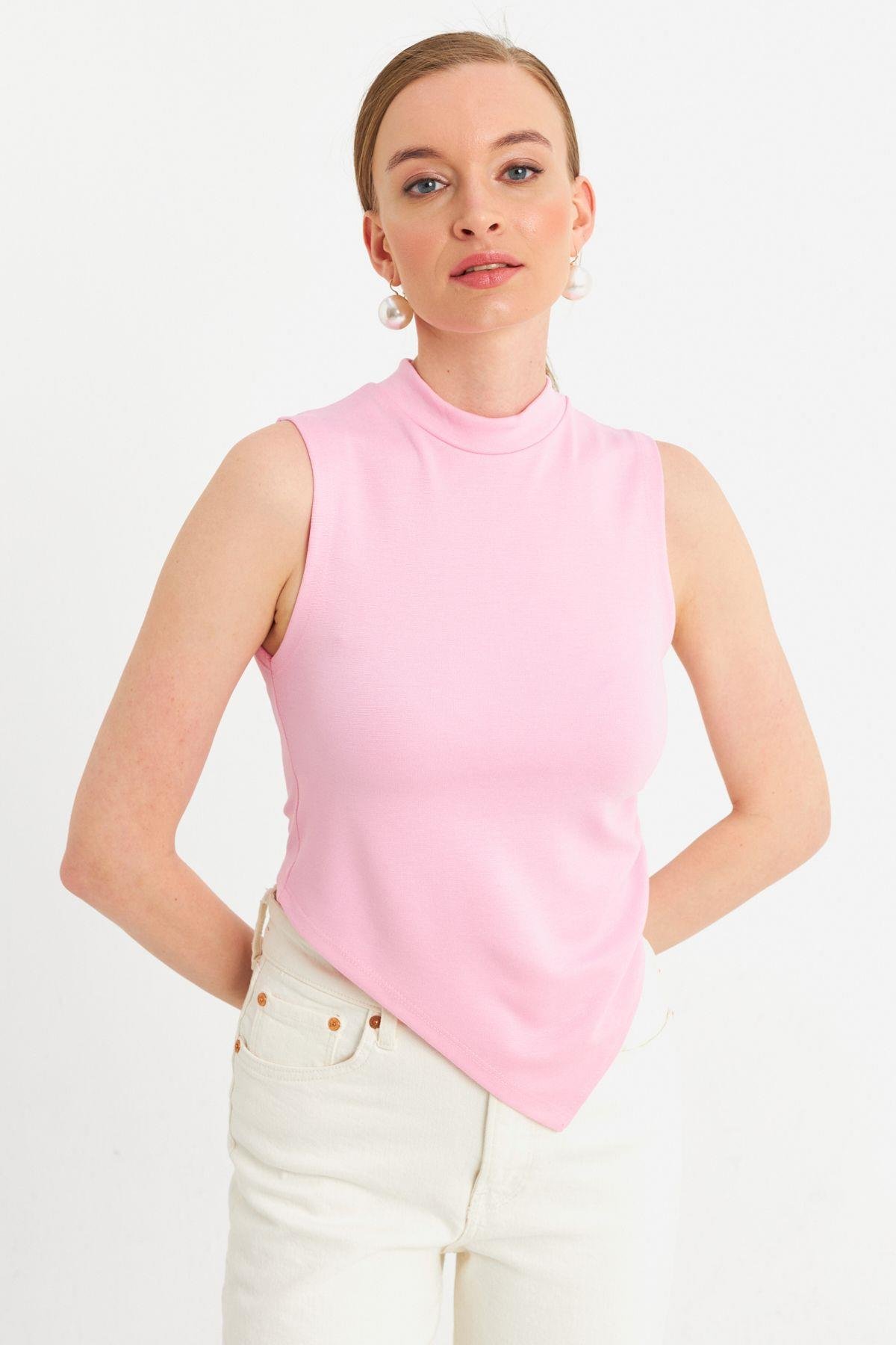 Kadın Pembe Kolsuz Crop Bluz ZH07