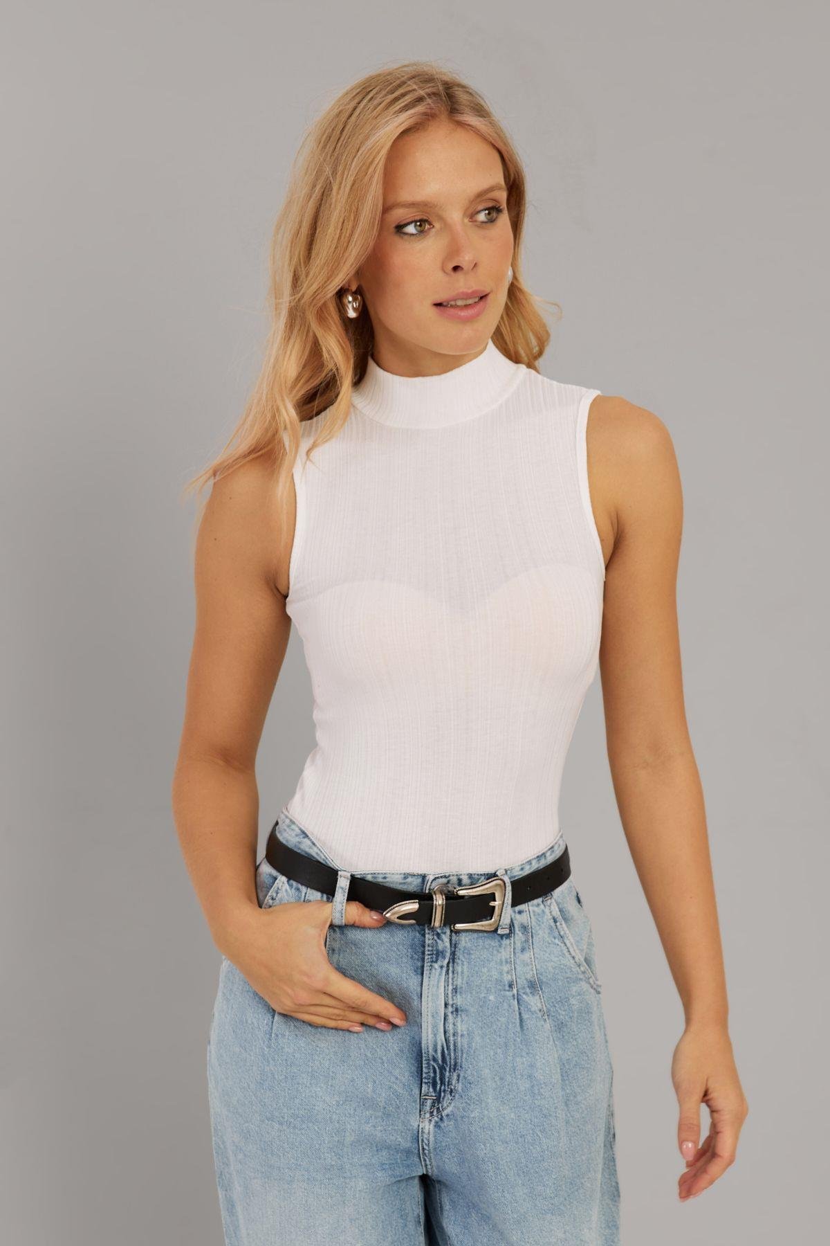 Kadın Pudra Fitilli Kolsuz Bluz LPP1261