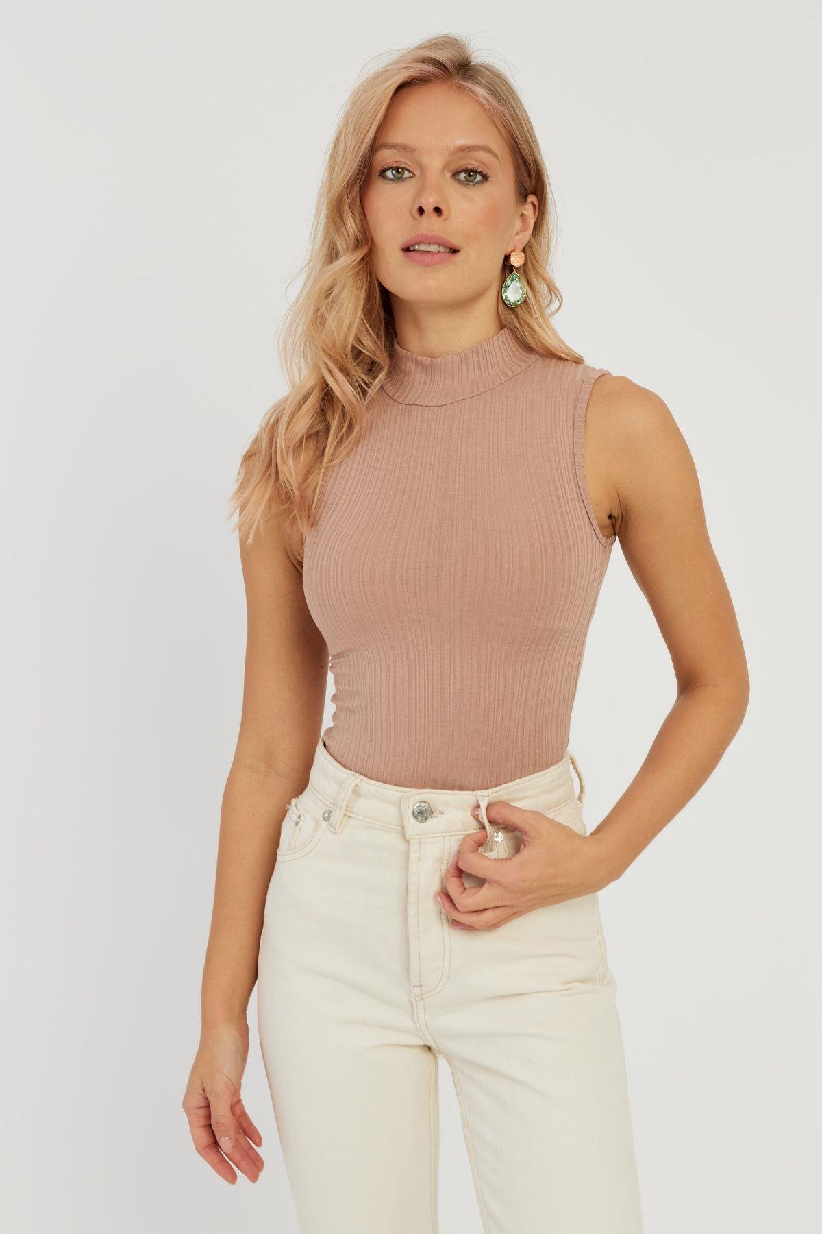 Kadın Pudra Fitilli Kolsuz Bluz LPP1261