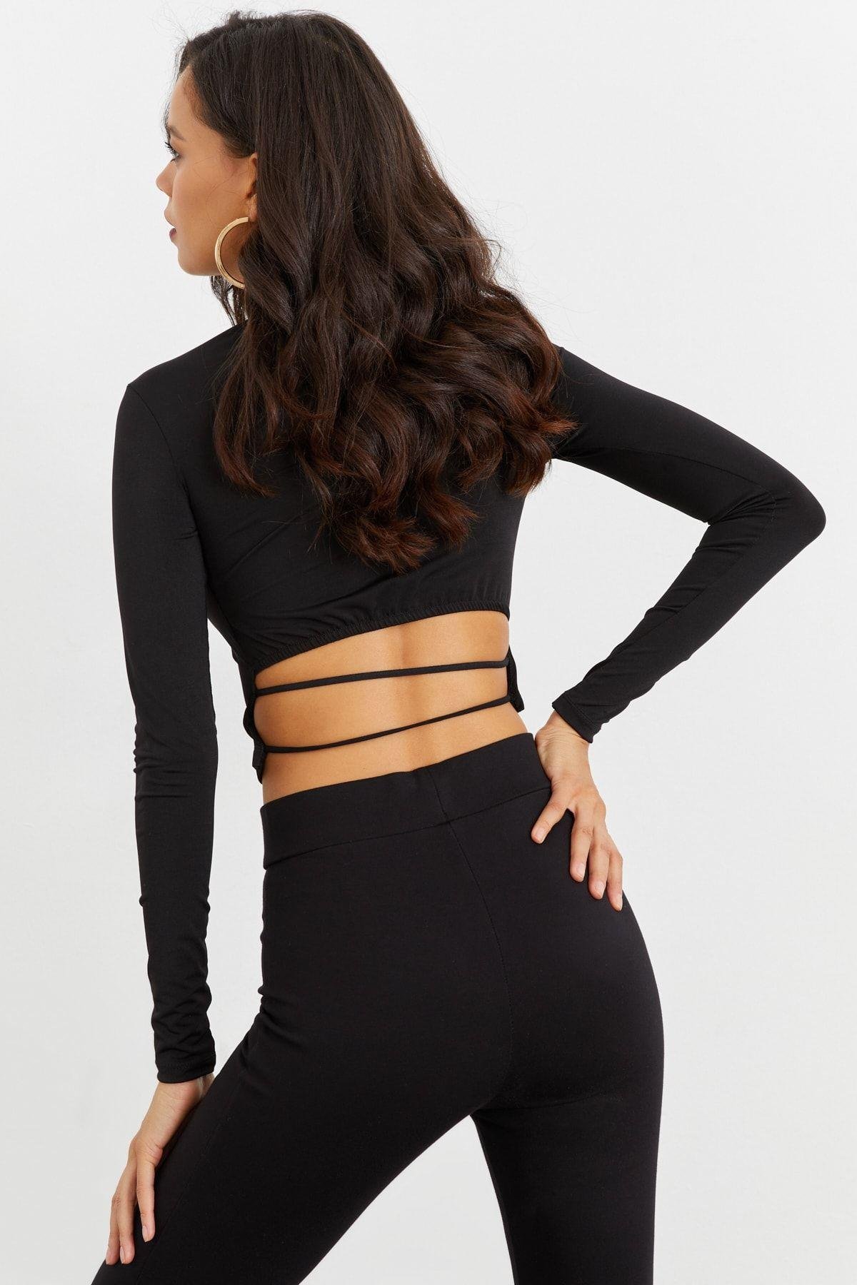 Kadın Saks Beli Açık Crop Bluz GÇ115
