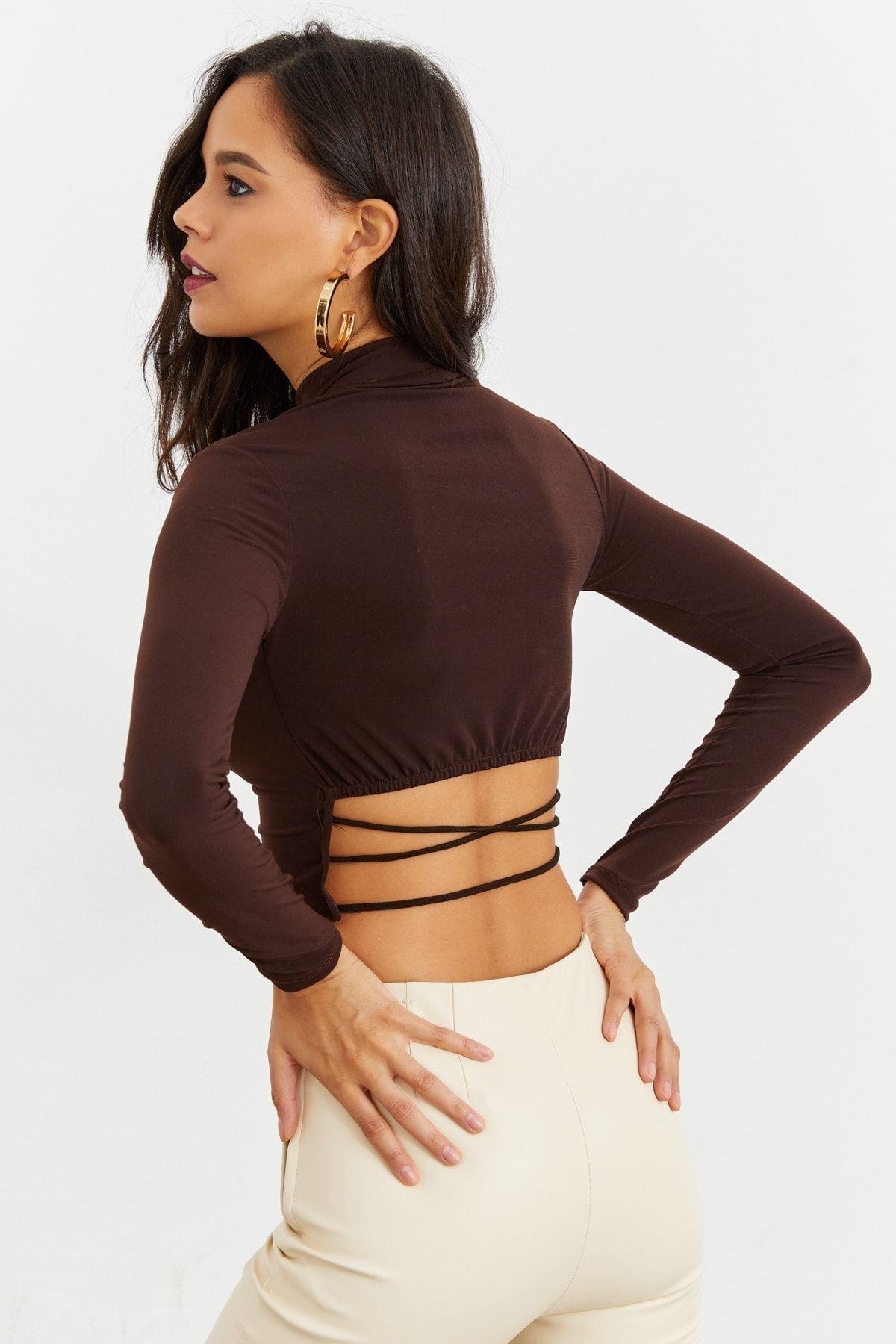 Kadın Saks Beli Açık Crop Bluz GÇ115