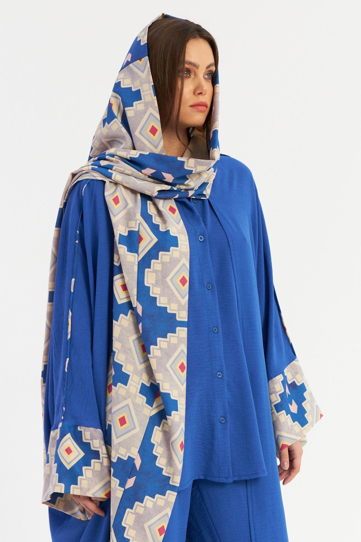 Kadın Saks Desenli Kapüşonlu Kaftan GÇ193