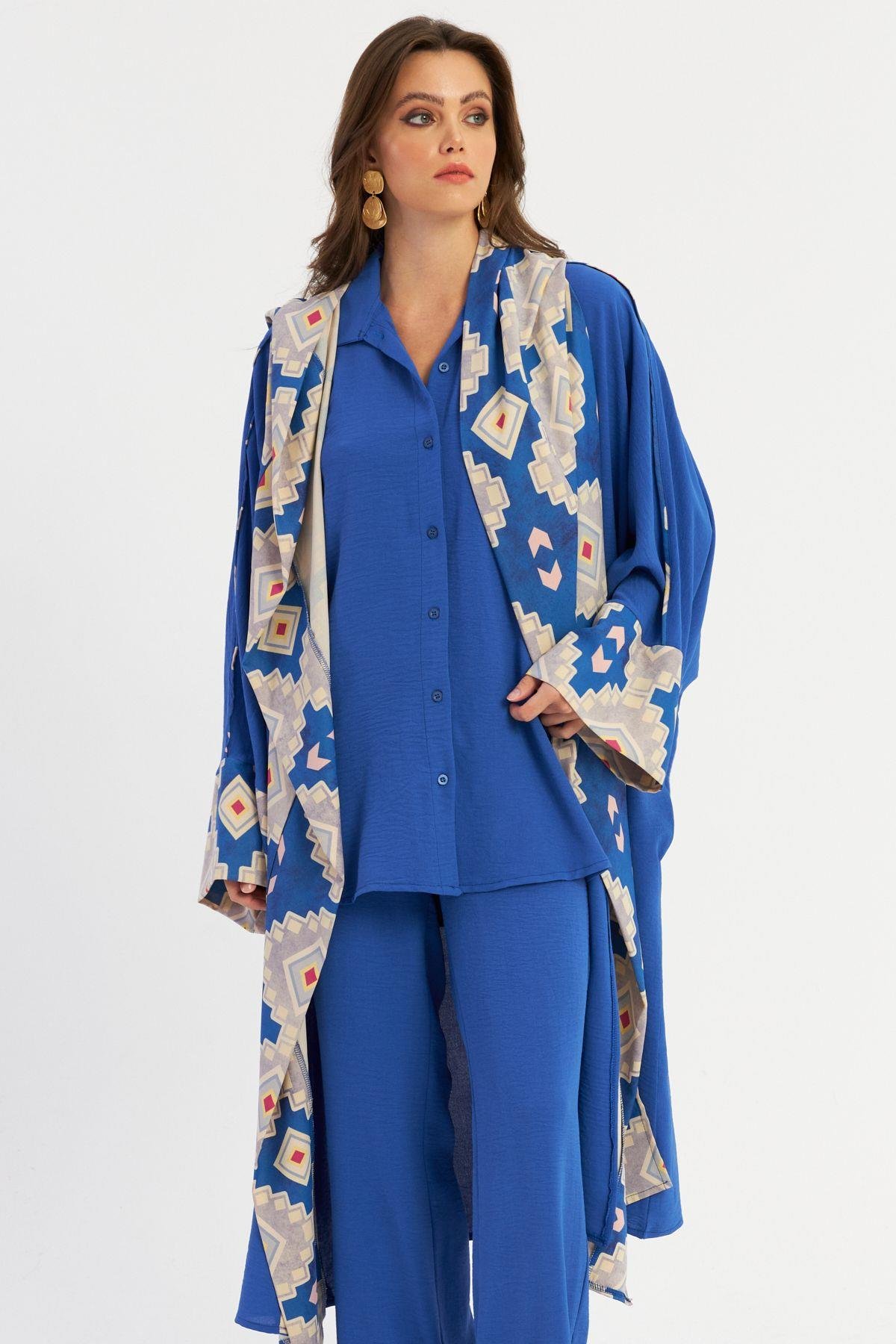Kadın Saks Desenli Kapüşonlu Kaftan GÇ193