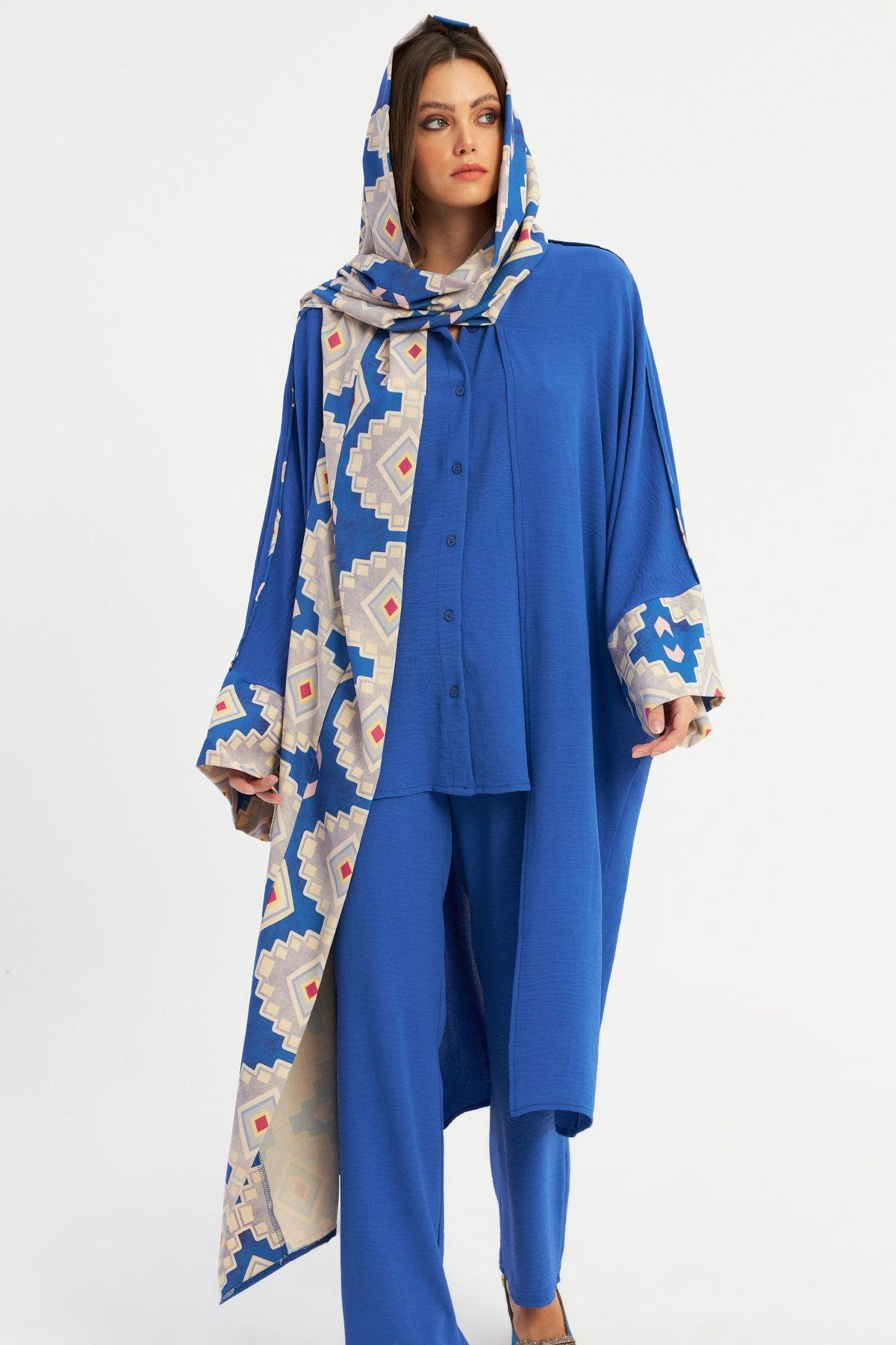 Kadın Saks Desenli Kapüşonlu Kaftan GÇ193
