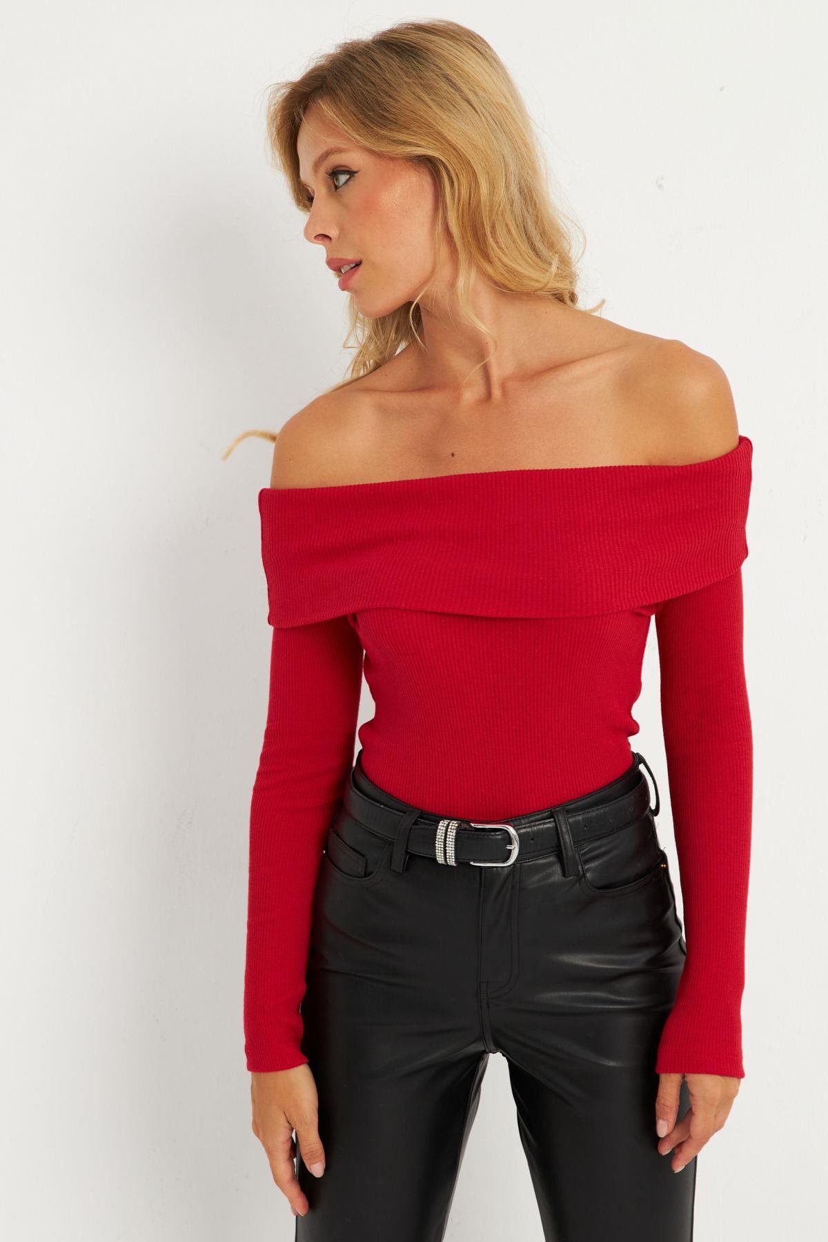 Kadın Saks Madonna Yaka Kaşkorse Bluz XL2210
