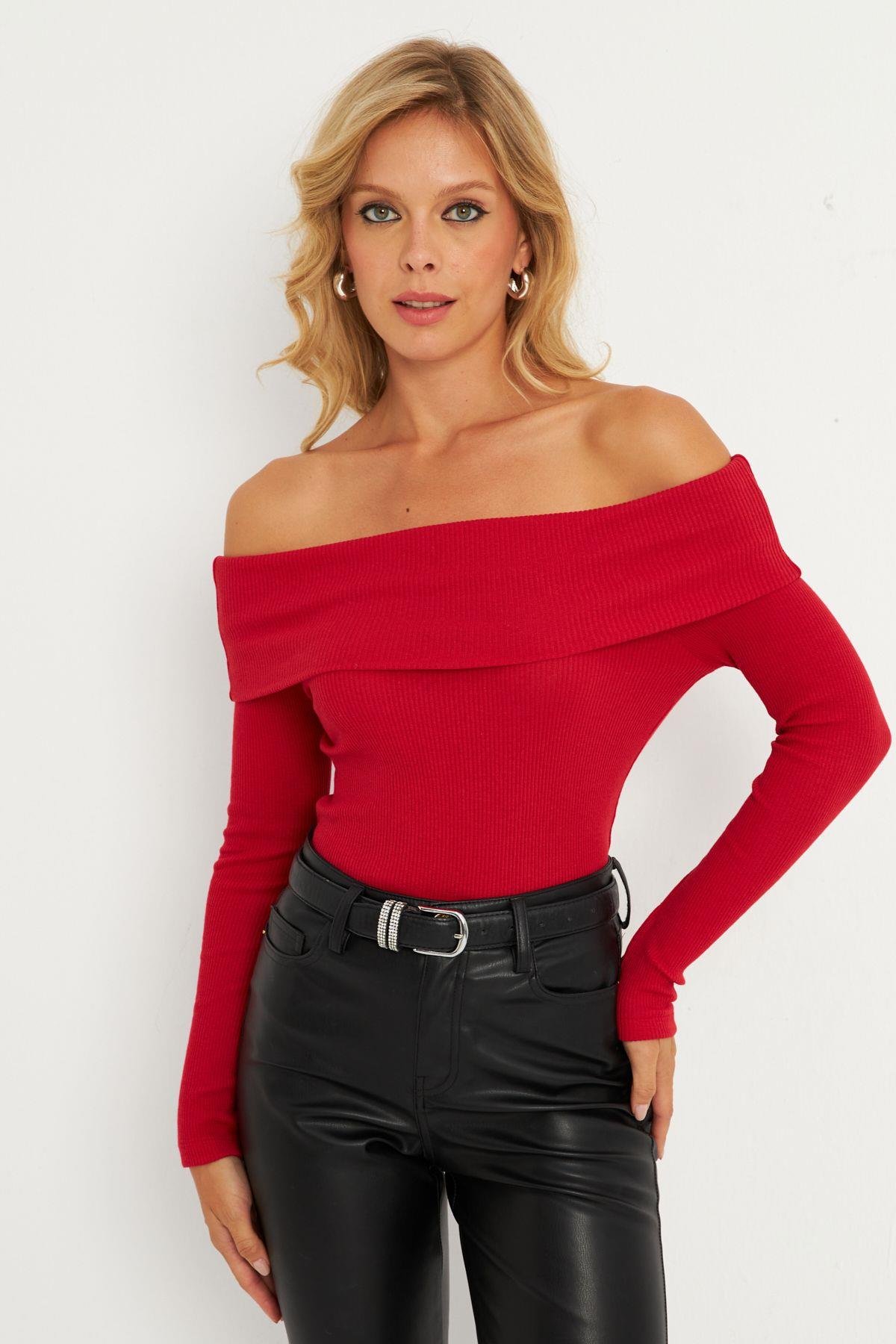 Kadın Saks Madonna Yaka Kaşkorse Bluz XL2210